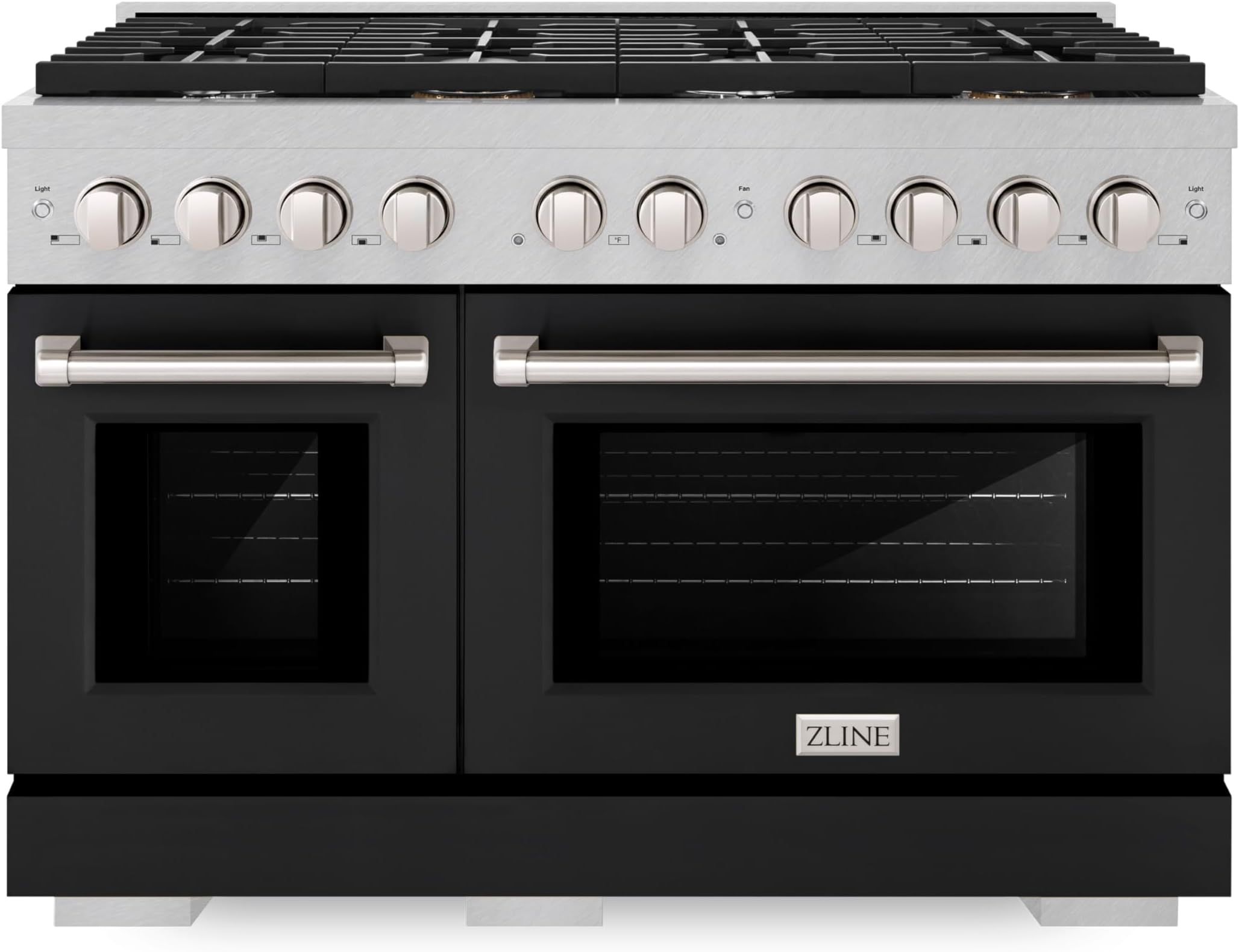 ZLINE 48 in. 6.7 cu. ft. Paramount Double Oven Dual Fuel Range with 8 Burner Gas Cooktop in Satin Stainless Steel with Black Matte Doors (SDRS-BLM-48)