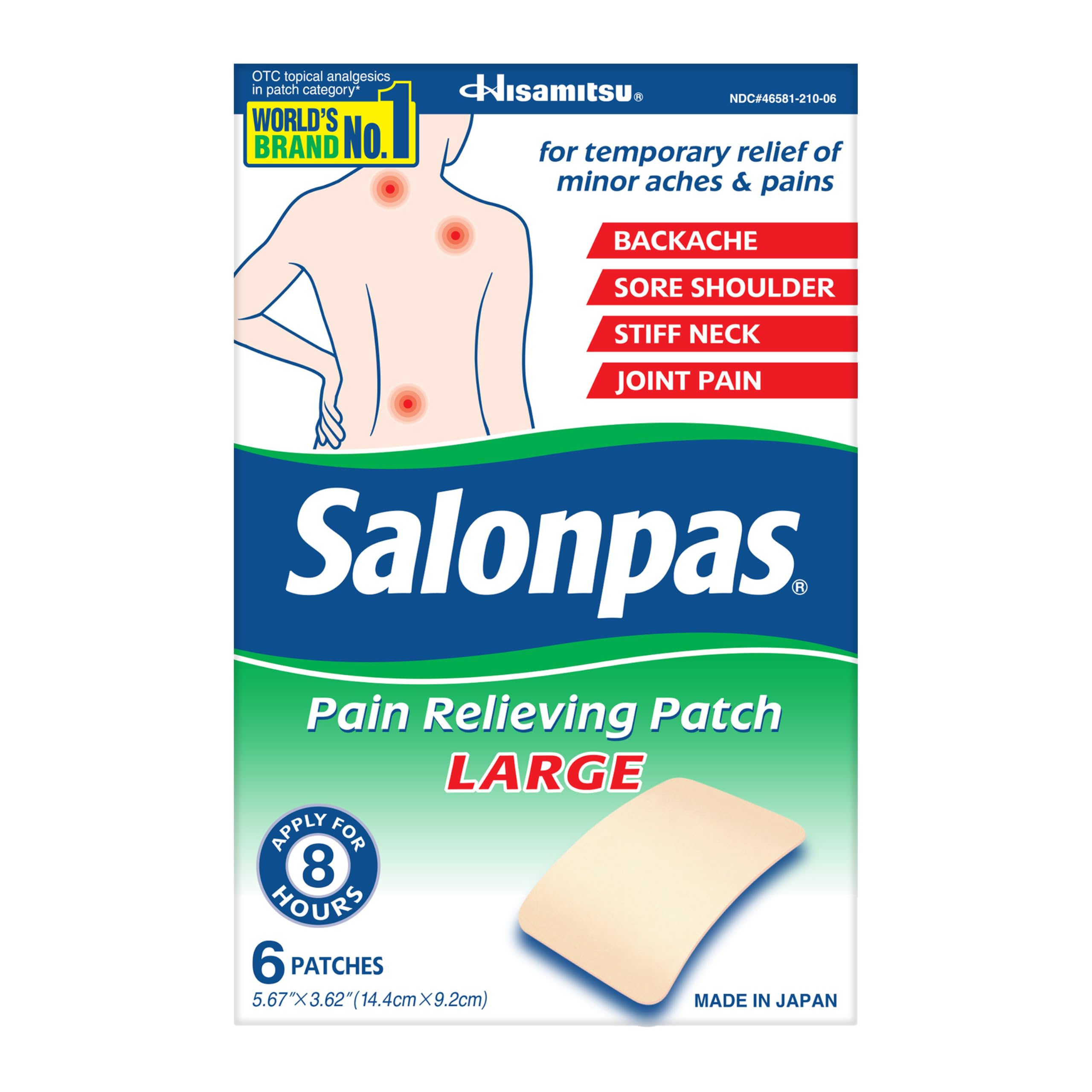 Salonpas Pain Relieving Patch, Large, 6 Count (Pack of 1) | Apply For Up to 8 Hours, For Temporary Relief of Minor Aches & Pains, Stiff Neck, Sore Shoulder, Backache, Joint Pain
