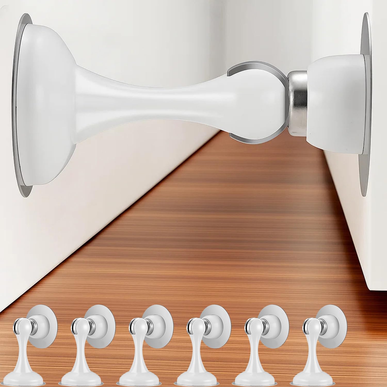 Magnetic Door Stop No Drilling Door Stop with Adhesive Tapes Keep Door Open Door Stainless Steel Screws for Stronger Mount (White 6 Pack)