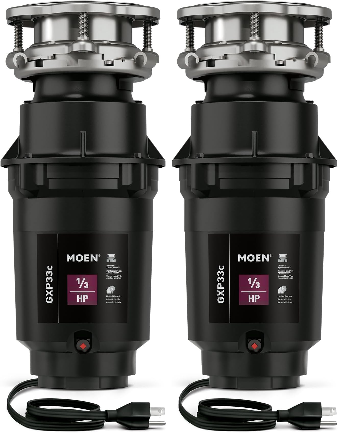 Moen GXP33C Lite Series PRO 1/3 HP Continuous Feed Garbage Disposal, Power Cord Included, Black (Pack of 2)