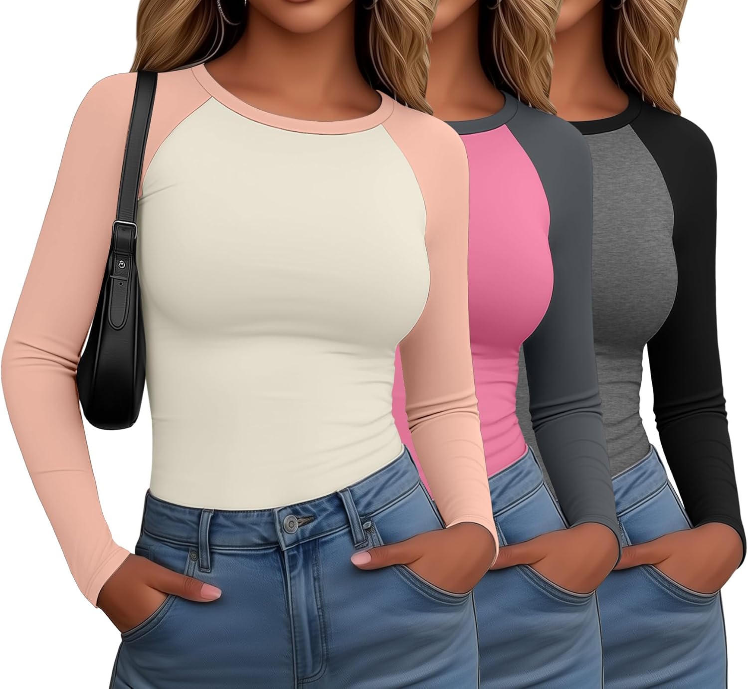 3 Pack Women's Long Sleeve Shirts Fitted Color Block Baseball Tee Raglan Crew Neck Layering Tops