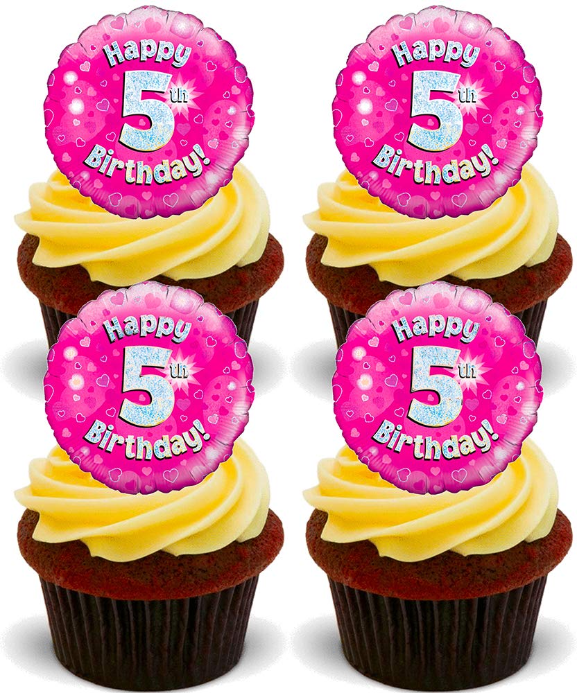 Made4You Happy 5th Birthday Girl, Edible Cupcake Toppers, Pink- Stand-up Wafer Cake Decorations (Pack of 24)