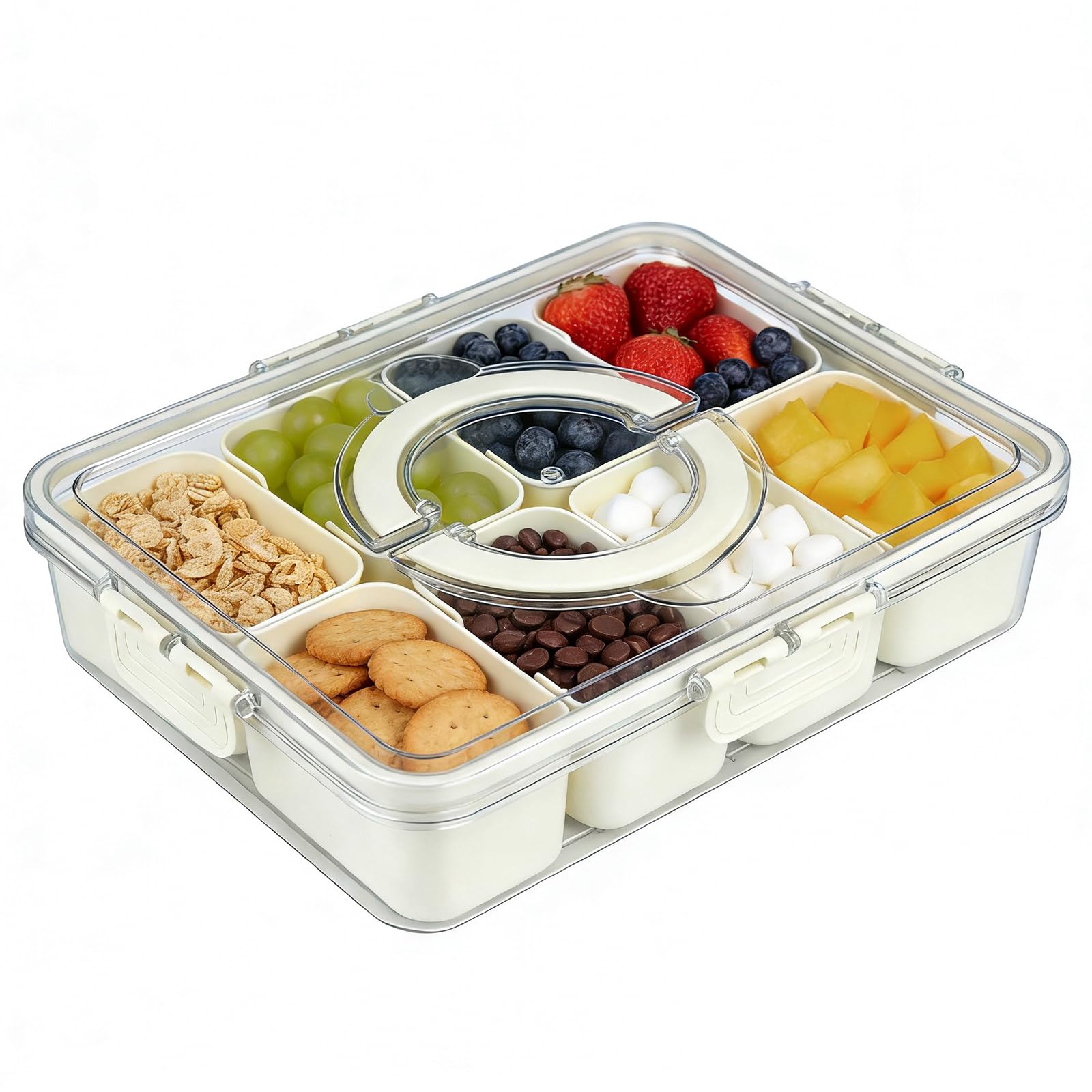 Divided Serving Tray with Lid and Handle, Snack Tray with Lid, Veggie Tray Fruit Tray, Snackle Box Charcuterie Container, Plastic Food Storage Organizer for Snack, Fruits, Veggie, Candy, Nut, Picnic