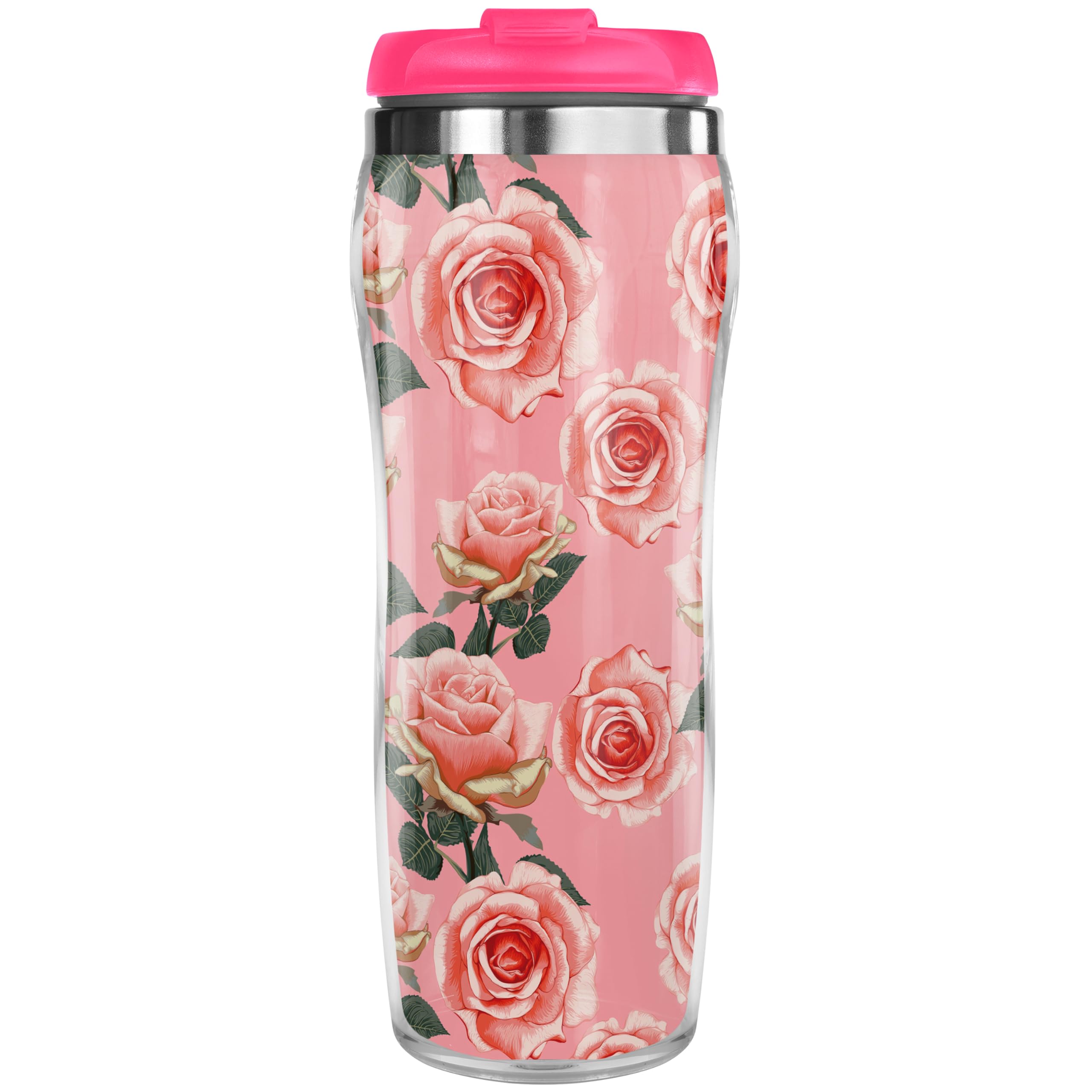 Pixly® Vintage Pink Roses Thermal Travel Mug Coffee Tea Flask, 400ml/14oz Capacity, Flower, Floral Pattern - Vintage Pink Nostalgia - Image 2
