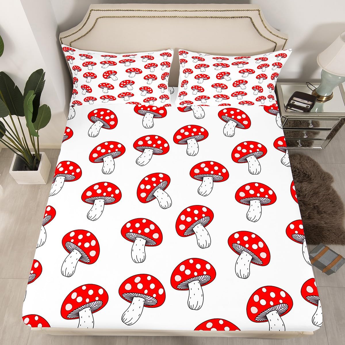 Colorful Mushroom Bed Sheets King Size Set - Ultra Soft, Deep Pocket Fitted Sheet, 4-Piece