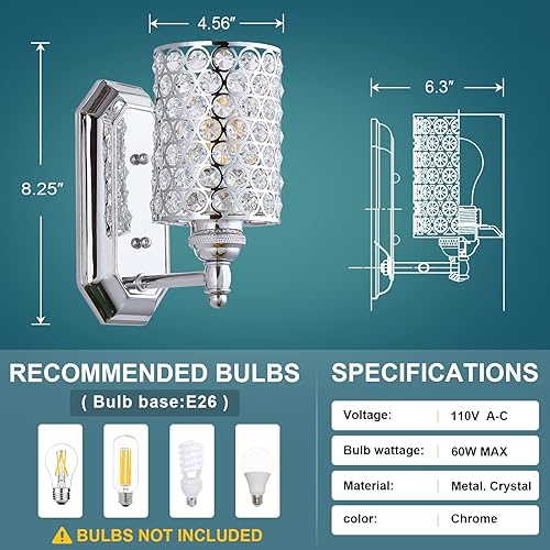 Miniatura 4 de Paquete de 2 lámparas de pared de cristal con acabado cromado, lámpara de pared de estilo conciso moderno, pantalla de cristal poliédrico para baño,