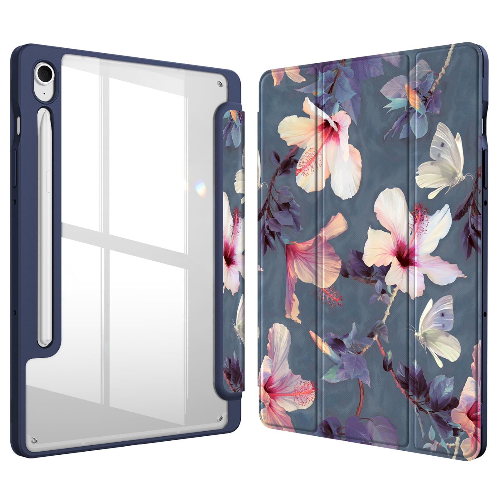 Fintie Hybrid Slim Case for Samsung Galaxy Tab S10 FE/ S9 FE 5G 10.9 Inch/Tab S9 11 Inch with S Pen Holder, Shockproof Cover with Clear Transparent Back Shell, Auto Wake/Sleep, Blooming Hibiscus