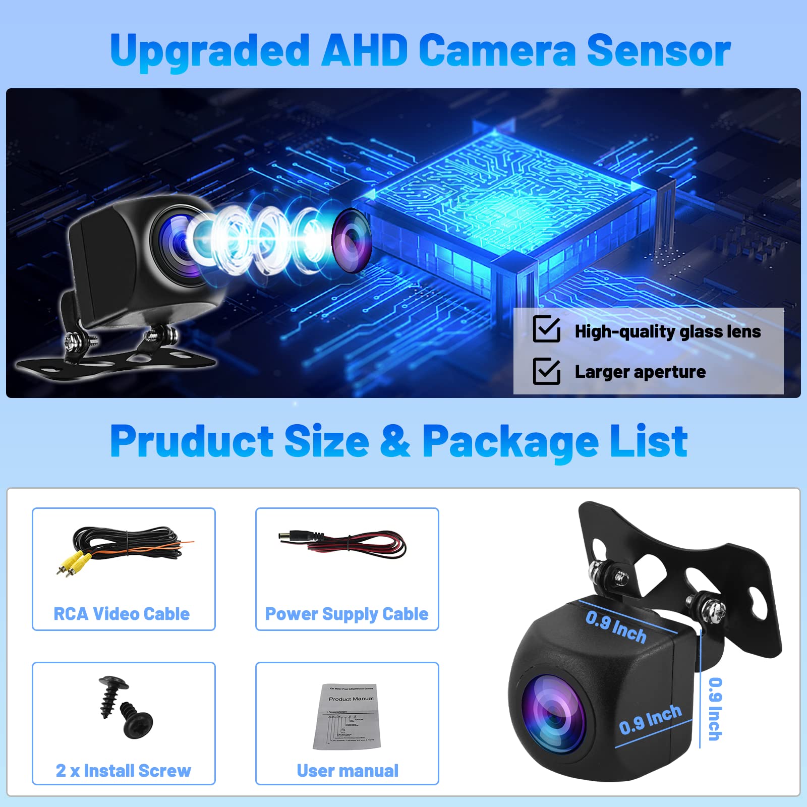 Hikity AHD Cámara de Visión Trasera Universal para Automóvil, IP68 Impermeable Visión Nocturna Cámara de Marcha Atrás a Prueba de Coche Gran Angular 170° Cámara Trasera con Cable AV 12V