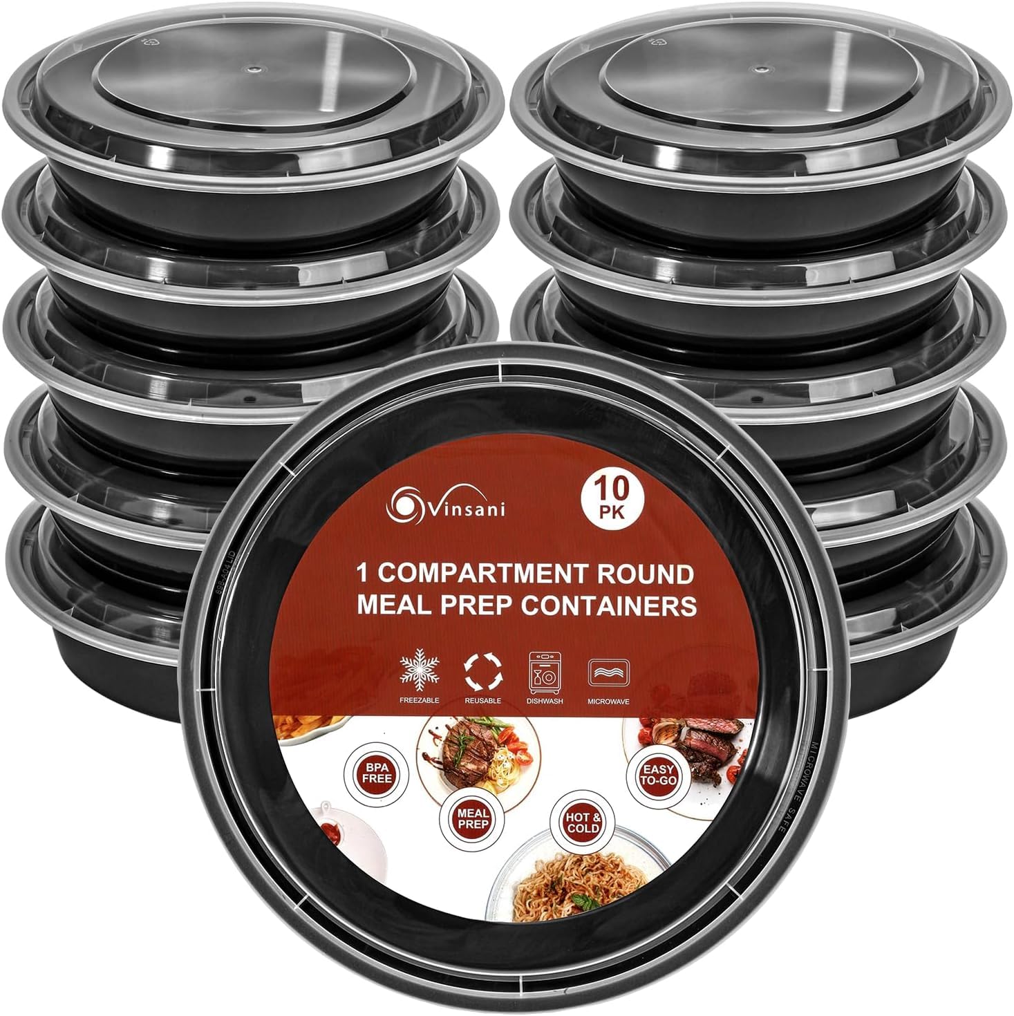 Vinsani 1 Compartment Round Meal Prep Containers – 10/20/30 Pack BPA-Free Reusable Plastic Food Storage Bowls with Lids Stackable Lunch Containers – Microwave, Freezer & Dishwasher Safe (20 Pieces)