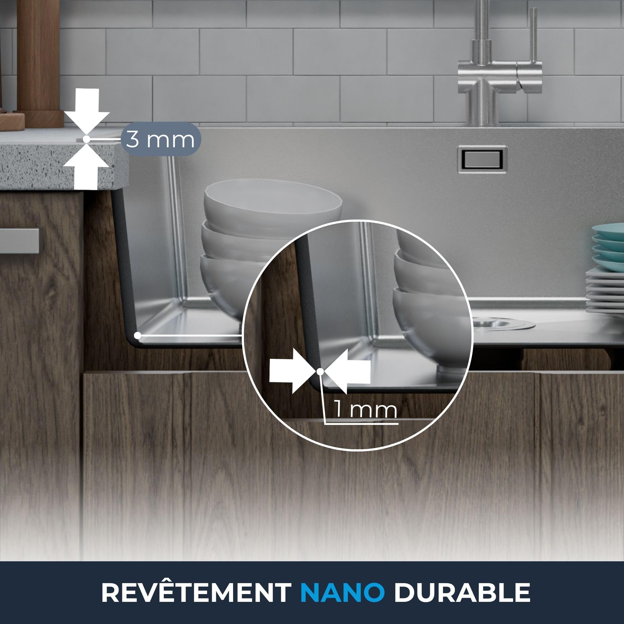 ANW HOME Evier Cuisine 1 Bac 74x44 cm, Inox | Encastré/Sous Plan, Revêtement Nano, Épaisseur 3.0+1 mm, Profondeur 22 cm, Avec Siphon