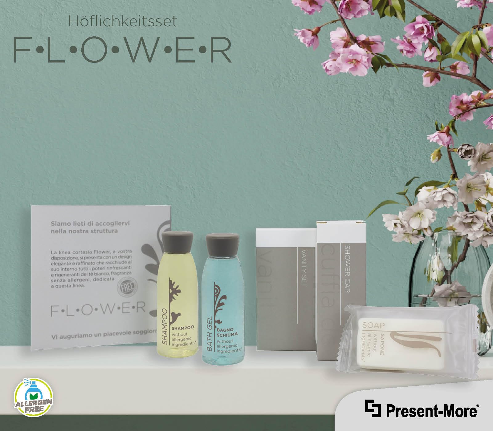 Present-More Amenities Kit Flower - Toilettenartikel 40 Gäste für Hotels und B&B | Allergenfreie Amenities Kit mit Duftnoten von weißer Tee