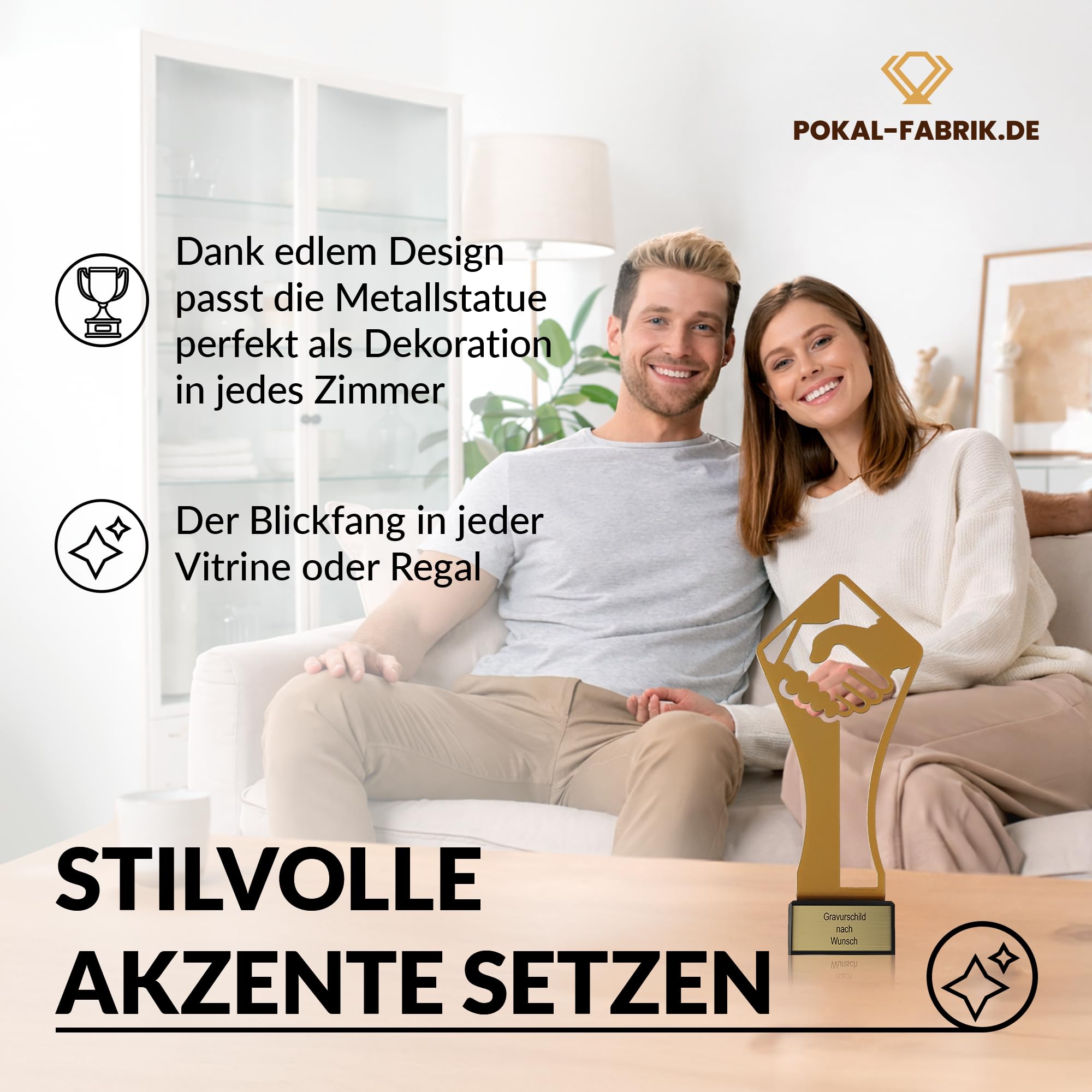 Goldener Teamwork Pokal 21 cm aus Metall mit Gravur - Geschenk-Trophäe mit Handschlag Silhouette - Personalisiertes Geschenk - Auszeichnung für Zusammenarbeit
