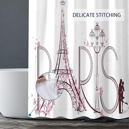 Miniatura 5 de Juego de 4 cortinas de ducha con diseño de Torre Eiffel de París con tapete de baño, letras de París, flores rosas para pareja, viaje, tapete de