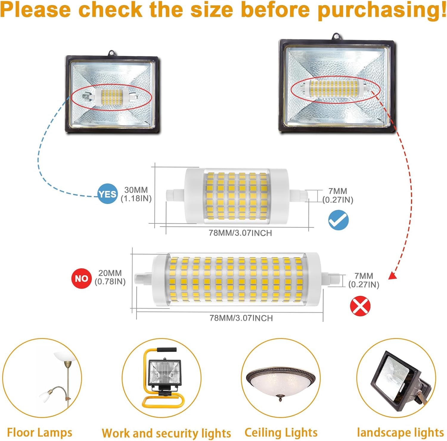 R7S LED Bulb Dimmable 78mm 150W T3 J Type Halogen Bulb Equivalent,120V 15W 1500 LM,Daylight White 5000K,3 inch Long Double Ended Light Bulb for Work,Security,Landscape Lights,Floor Lamps,Pack of 2