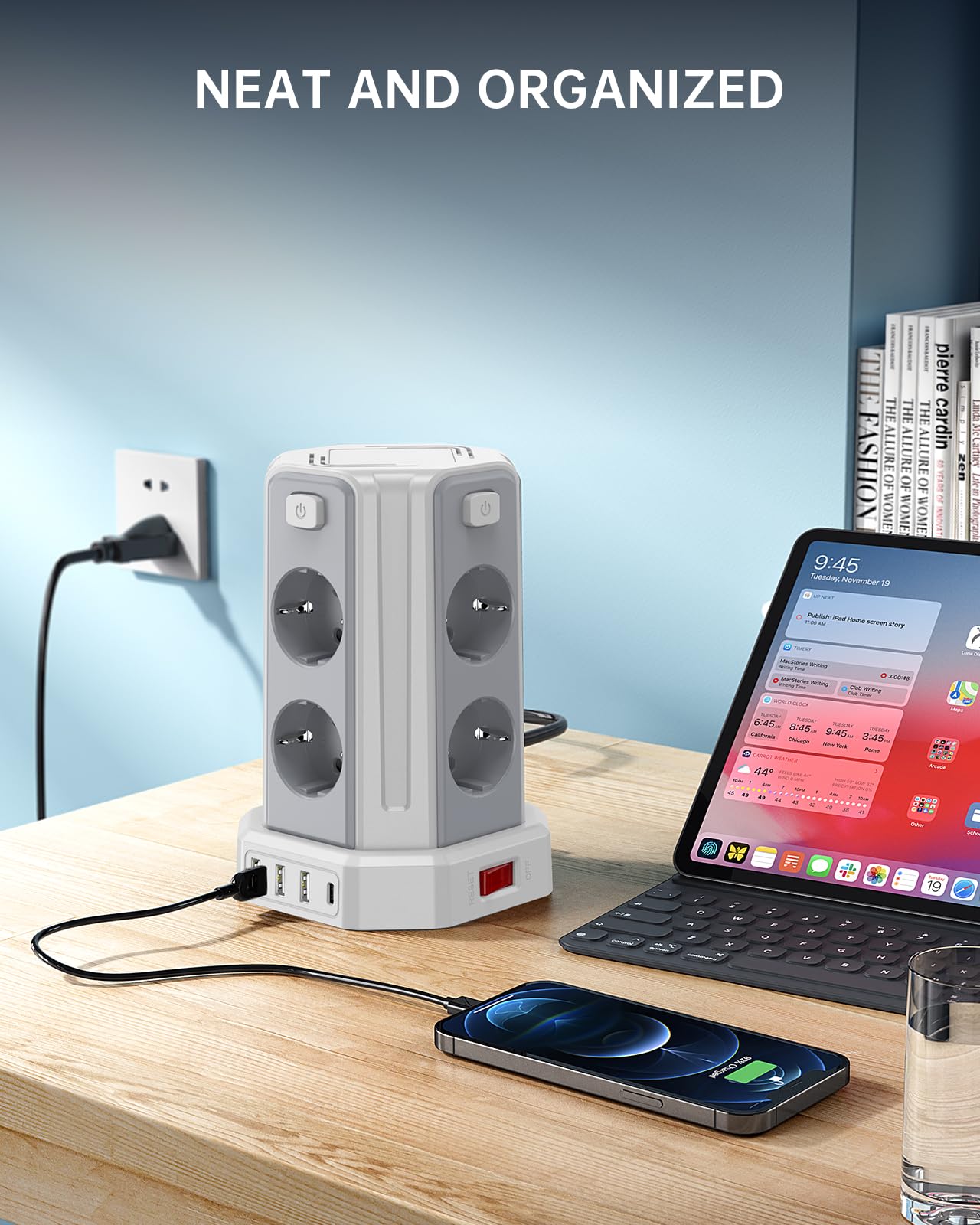 Ciabatta elettrica a 8 prese, 4 commutabili singolarmente, 2 m, con 4 USB | Cavo di prolunga con spina multipla e protezione da sovratensione, per casa e ufficio
