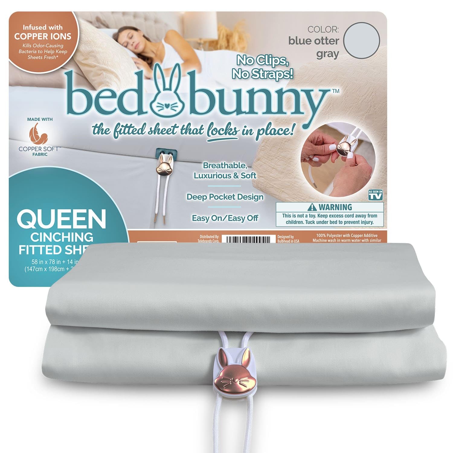 Locking Fitted Bed Sheet Stays On & Won’t Slip, Built-in Compression Cord Hugs Mattresses Tight, AS-SEEN-ON-TV, Won’t Slip Off, Anti-Wrinkle & Stain-Resistant CopperSoft Infused with Copper