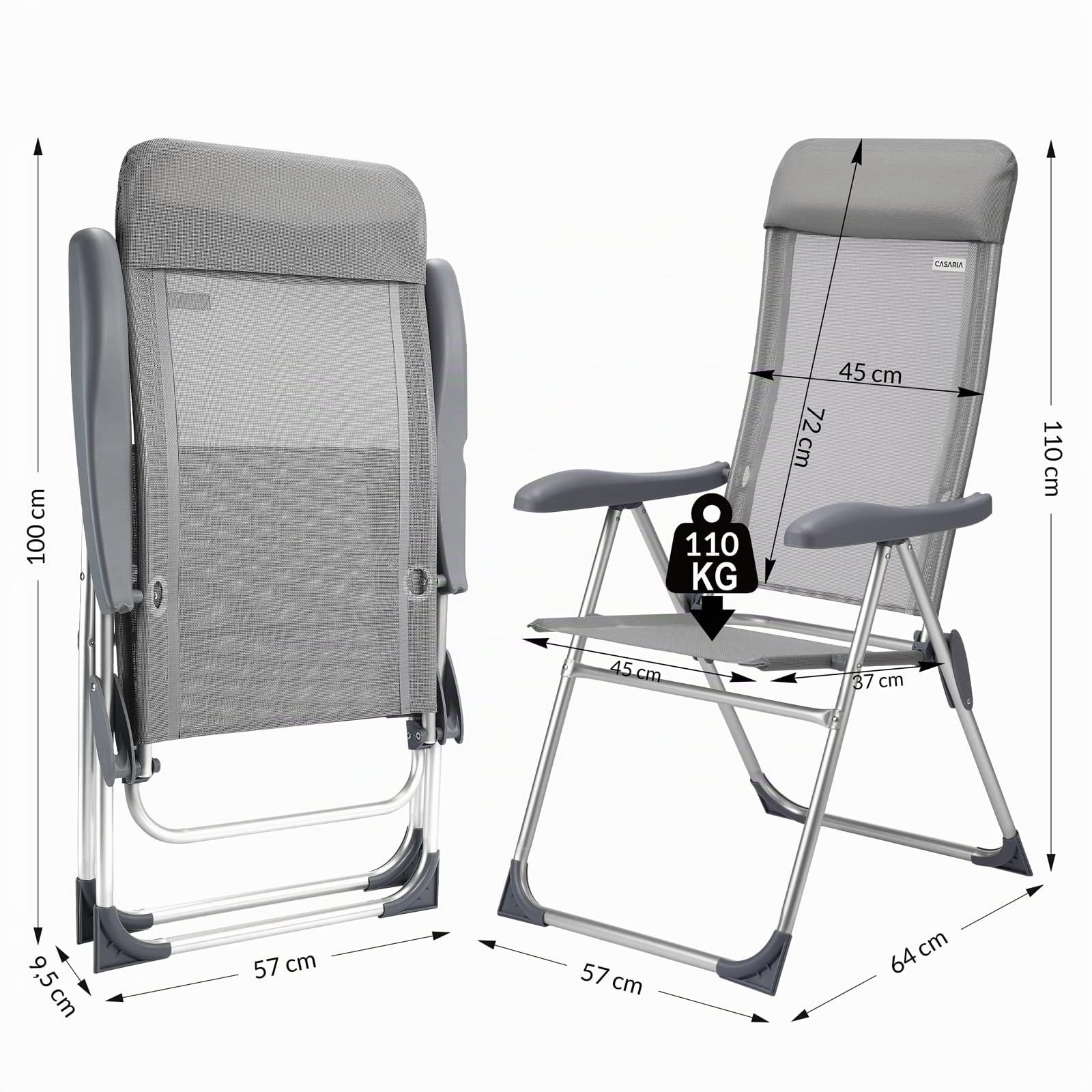 Casaria® Lot de 2 Chaises de Jardin Pliantes en Aluminium Gris - Dossier Réglable 6 Positions avec Accoudoirs, Chaises Extérieur pour Terrasse, Balcon, Camping, Plage & Piscine