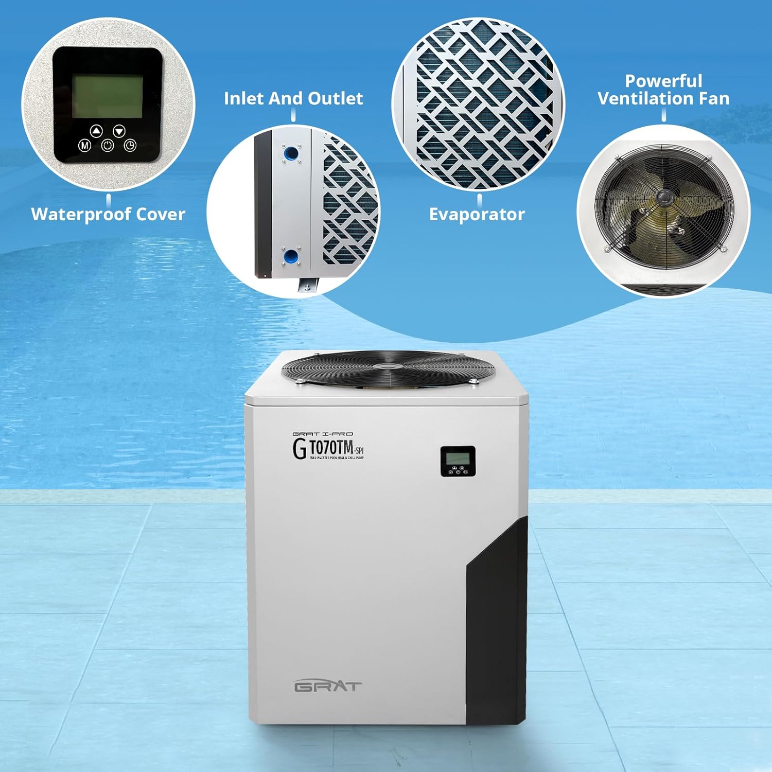 GRAT Full Inverter Heat Pump for Hot Tub and Bath, 140,000BTU Swimming Pool Heater, 42000 Gallons, for Above Ground and In ground Pools, WiFi Capable Timer, Heating and Cooling, Defrosting, 220-240V