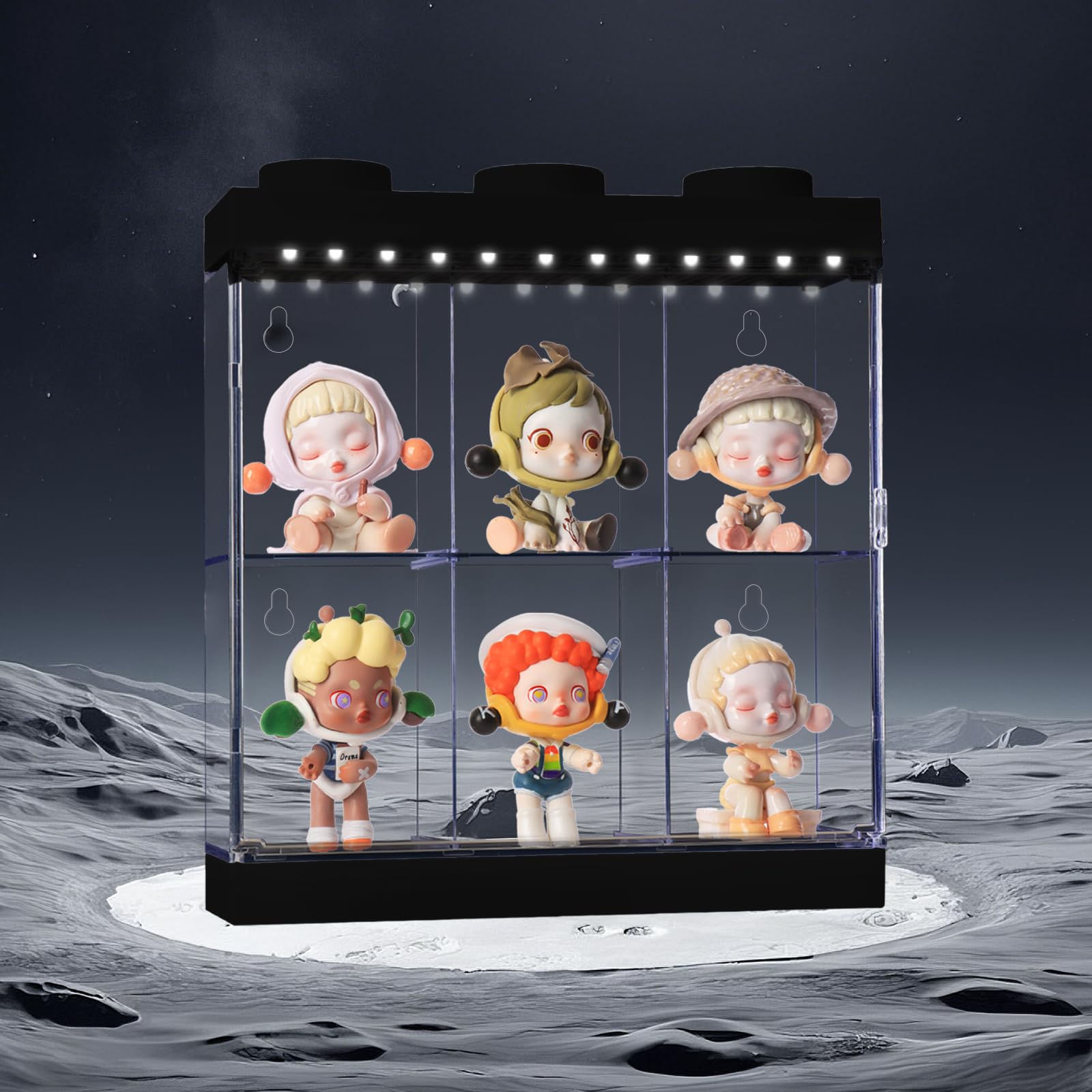 Vitrina transparente con luz para coleccionables, cajas acrílicas transparentes para exhibir figuras de acción, muñecas, trofeos iluminados, caja de almacenamiento a prueba de polvo (negro, 6