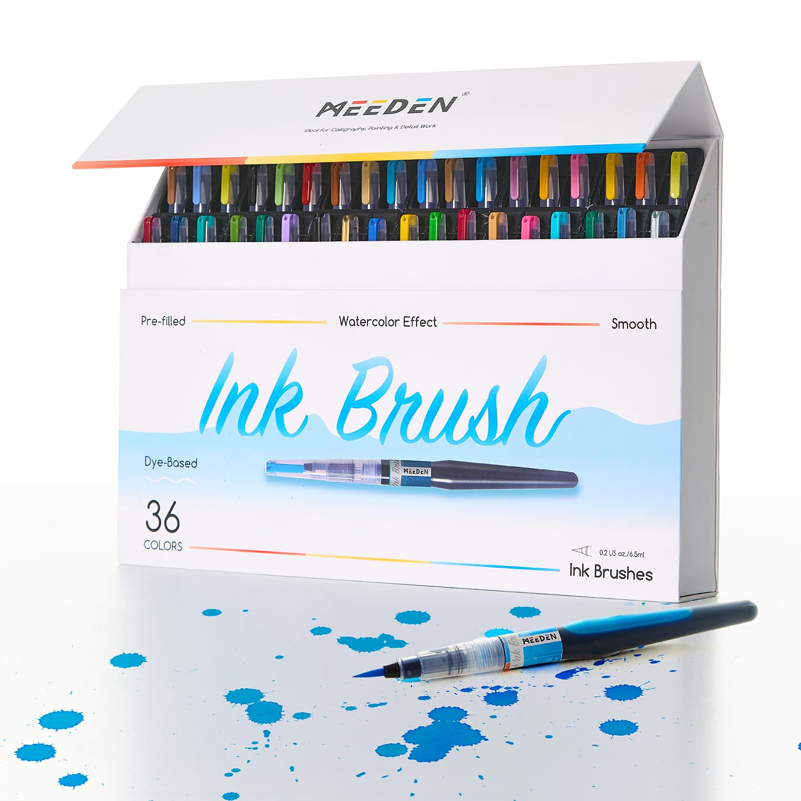 MEEDEN Pinceles de tinta de acuarela líquida: juego de 24 pinceles básicos vibrantes + 12 colores nacarados a base de tinta de acuarela, juego de pinceles creativos, regalo para artistas