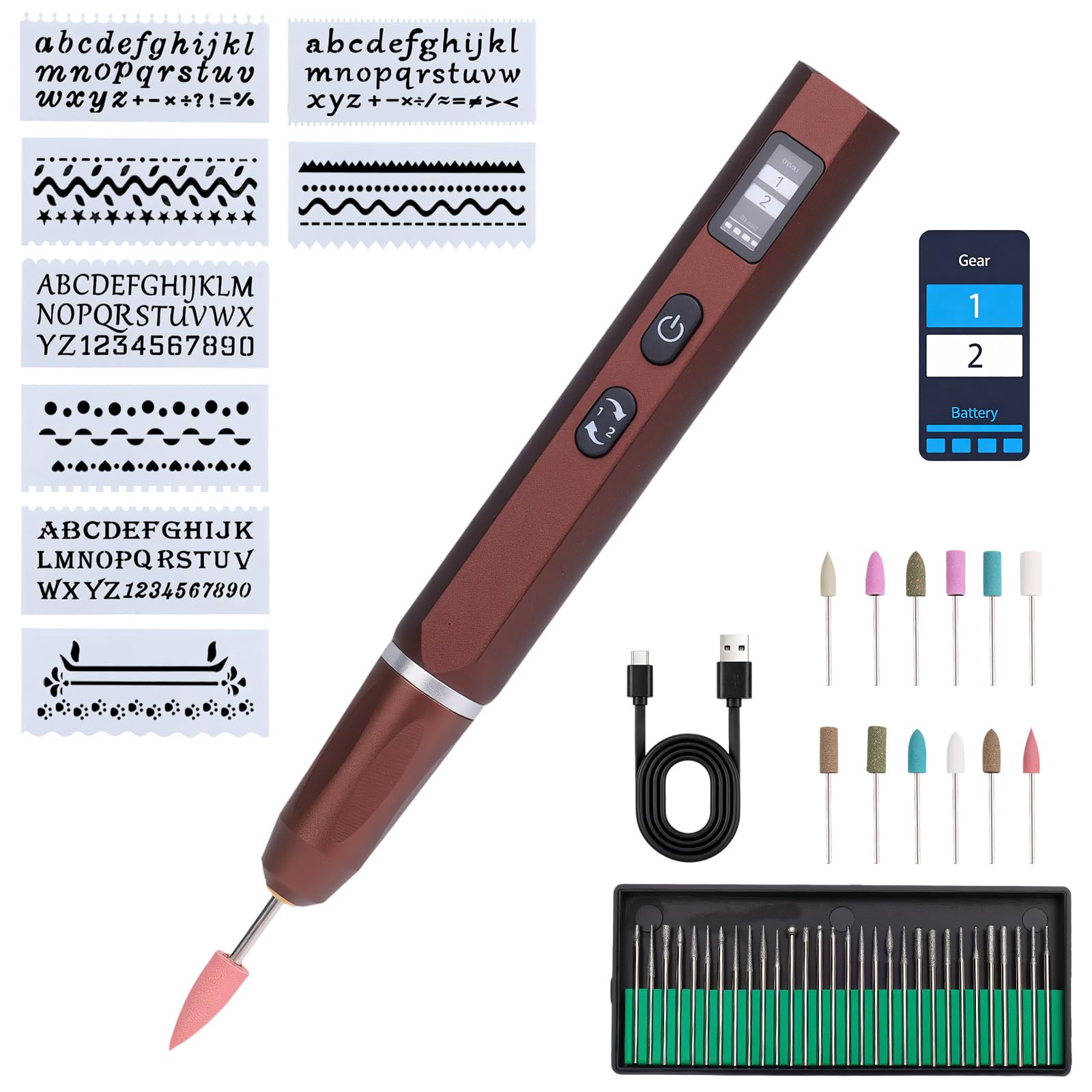 Mini-Gravierstift, Gravur Gerät, Gravur Stift, Kabelloser Mini Bohrer mit 42-teiligem Zubehör, Aluminiumgehäuse, LED-Display, Mini Schleifer für Schmuck, Metall, Glas & Kunststoff