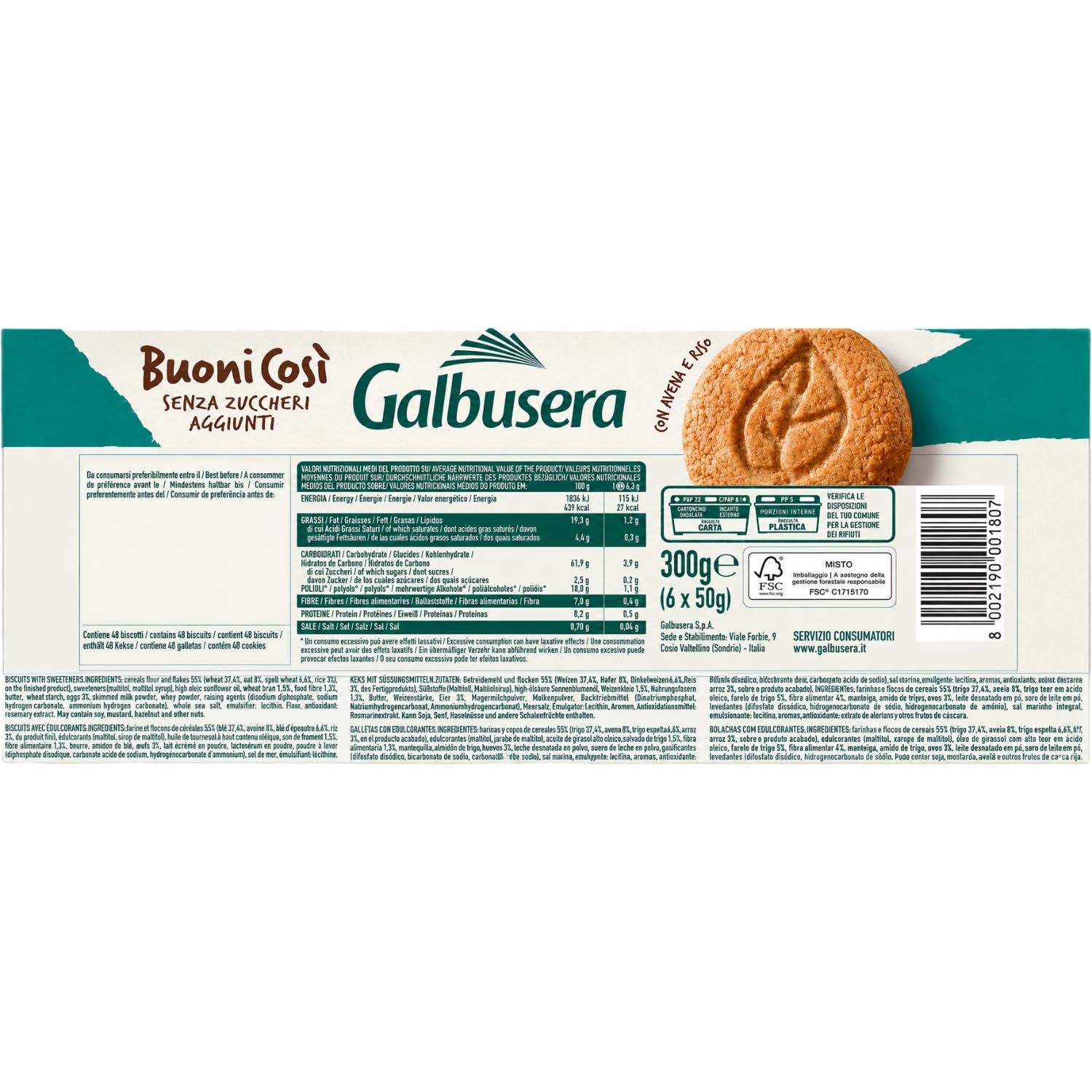 Biscotti ai Cereali Senza Zuccheri Aggiunti 300g Buoni Così con Farina di Frumento e Orzo Snack Salutare Variazioni 4/8/12 Confezioni (12 PEZZI)