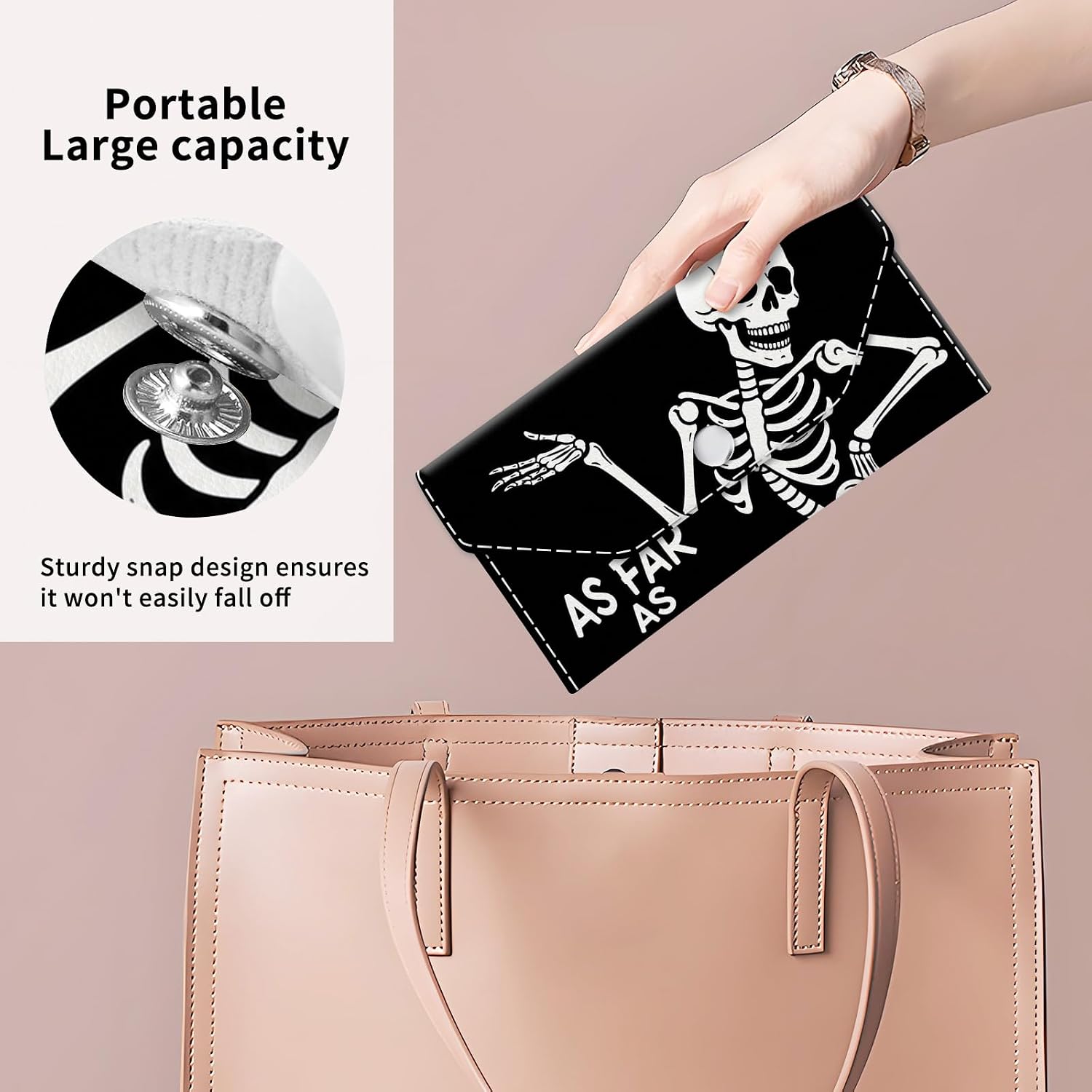 PU Leather Cash Envelopes Wallet, Reusable Money Saving Wallet, Cute Budget Envelope with 4 Dividers & 1 Sheets Budget Labels, Skeleton Quote image 2