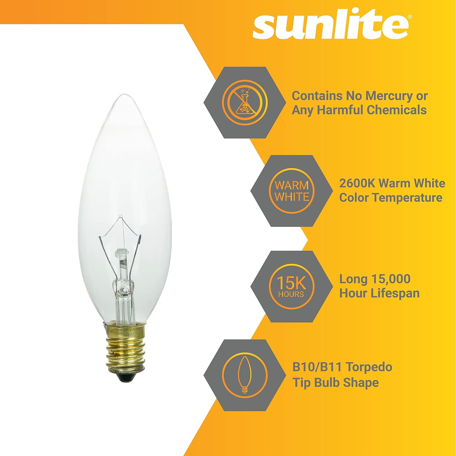 Sunlite 41766 Incandescent Torpedo Tip Clear Chandelier Light Bulb, 60 Watts, 550 Lumens, European Base (E14), 220 High Voltage, Dimmable, for Chandeliers, Lamps, Fixtures, 25 Count
