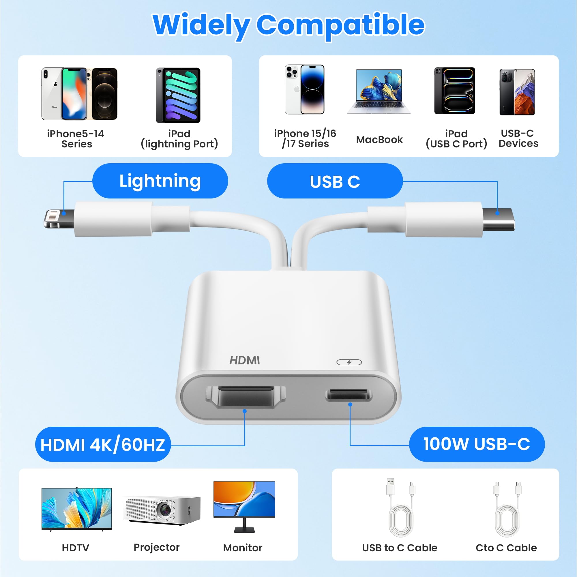 Adaptateur USB C et Lightning vers HDMI pour iPhone, 4K@60Hz 100W Adaptateur USB C vers HDMI pour iPhone 17/16/15/14/iPad/MacBook Certifié MFi iPad to hdmi Adapter for TV/Projecteur/Moniteur