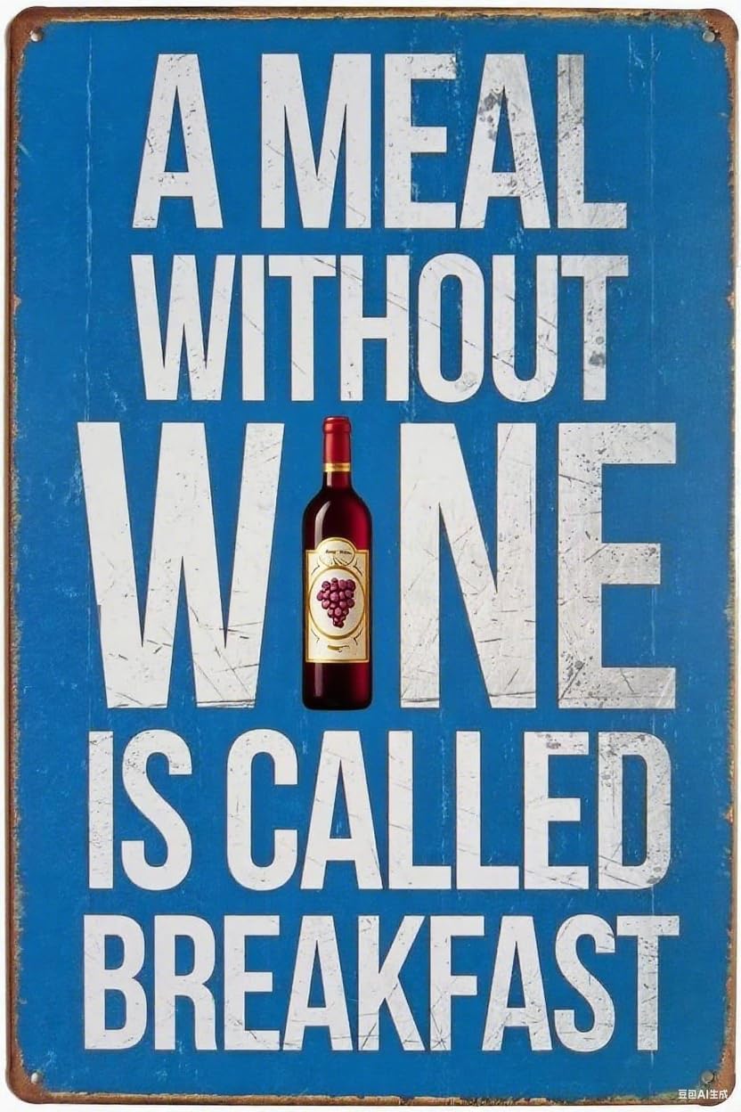 peiyeety A Meal Without Wine is Called Breakfast, Metal Tin Sign, Fun Saying Vintage Plaque Bar Pub Home Wall Decor 8x12 Inch