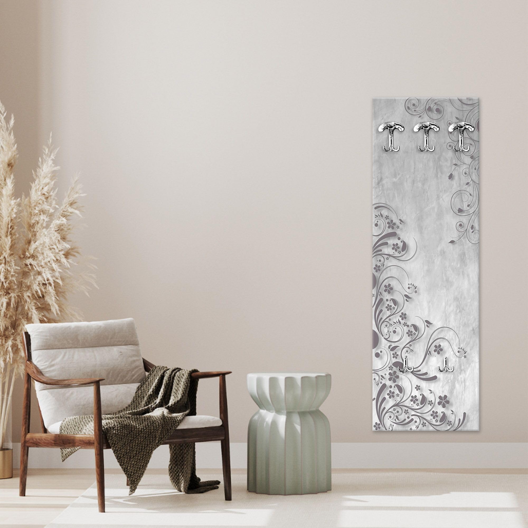 Lupia - Appendiabiti da Parete Moderno | Pannello Stampato in Legno con Fiori | 3 Ganci Appendiabiti | Facile Montaggio | 46x125 cm, Legno MODERN FLOWERS
