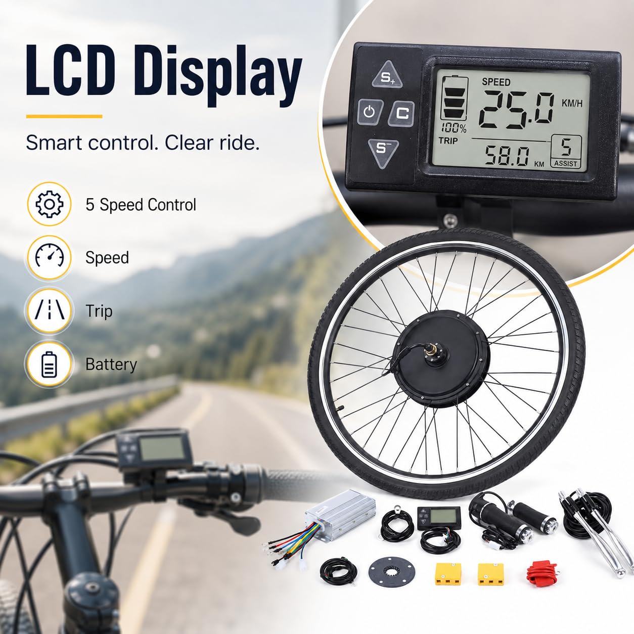 Kit Conversion Vélo Électrique 28 Pouces, Roue Avant 36V 500W avec LCD Pas | Assistance fluide à 5 niveaux, accélérateur et commandes au guidon