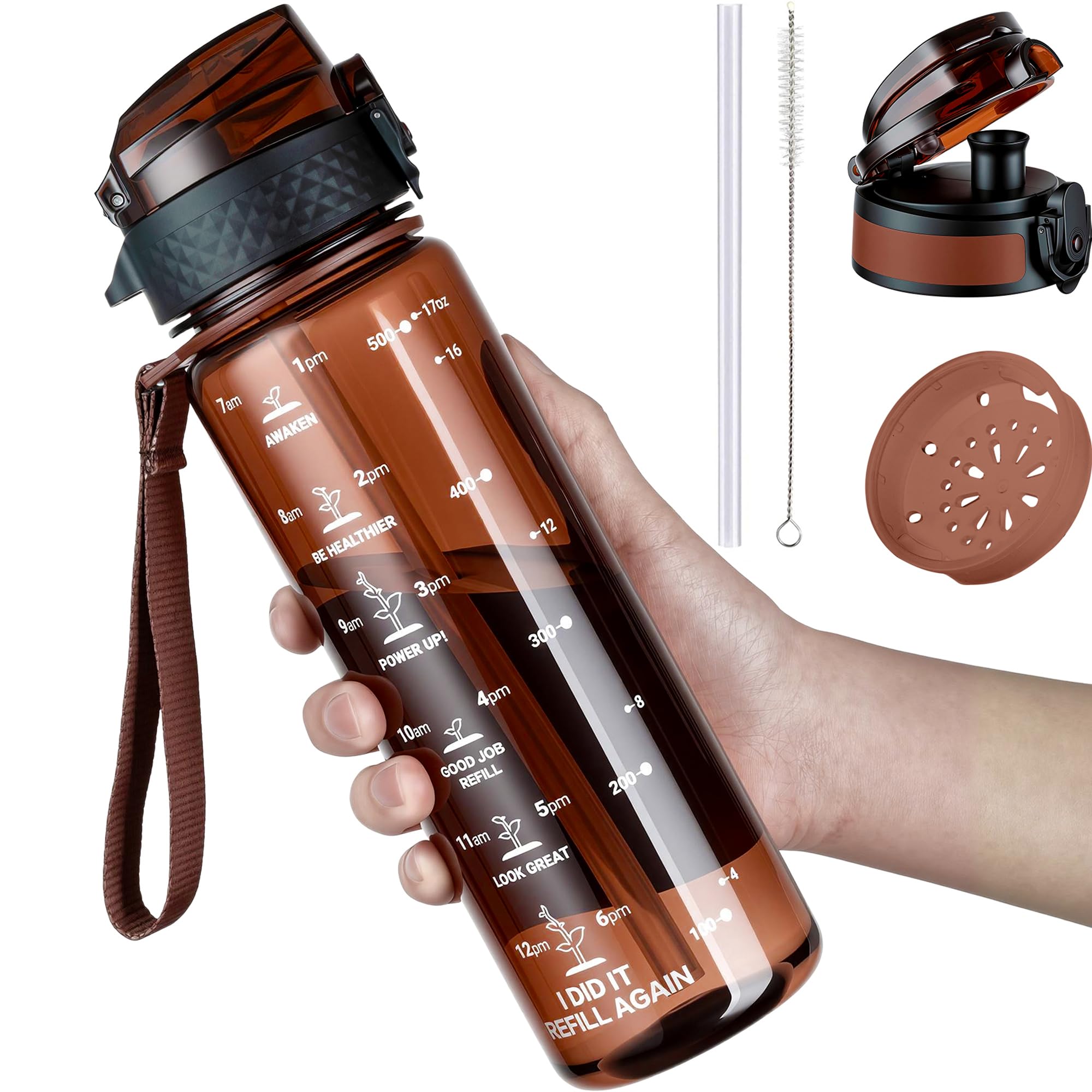 GOPPUS 500ml/17oz Kids Water Bottles with Straw Tritan Childrens Bottle with Flip Top Lid BPA Free Measured Drinks Bottle with Strap Sports Reusable Time Markings Leakproof (Transparent Brown) — image 1
