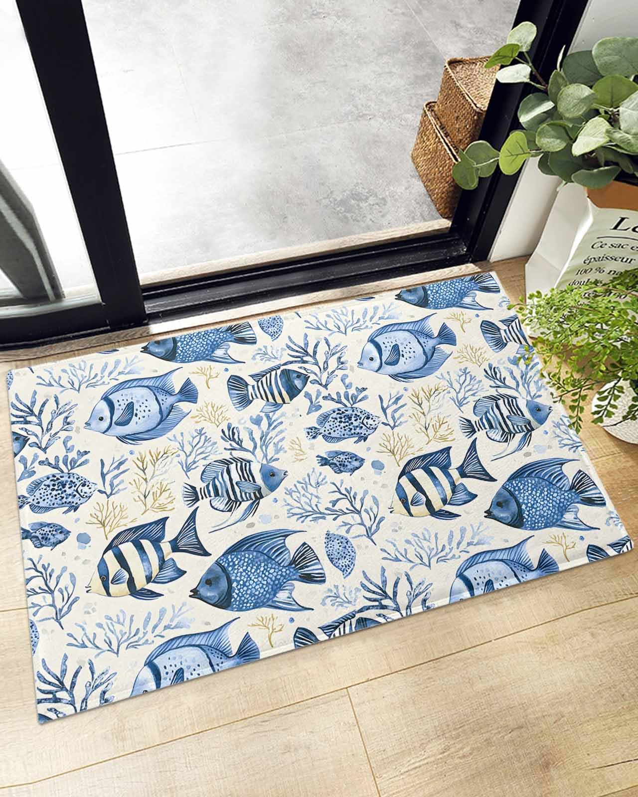 Indoor Doormat Vintage Tropical Blue Sea Fish Coral,Shaggy Floor Mat with Non-Skid Backing Watercolor Ocean Marine Life,Machine Washable Plush Area Rug Carpets for Kitchen Nursery Bedroom