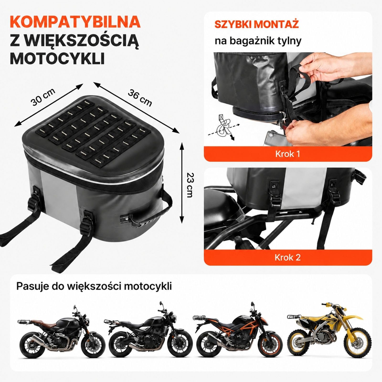 Torba motocyklowa tylna 28 L, czarna sakwa na siedzenie pasażera z kieszenią i regulowaną klamrą, do bagażnika