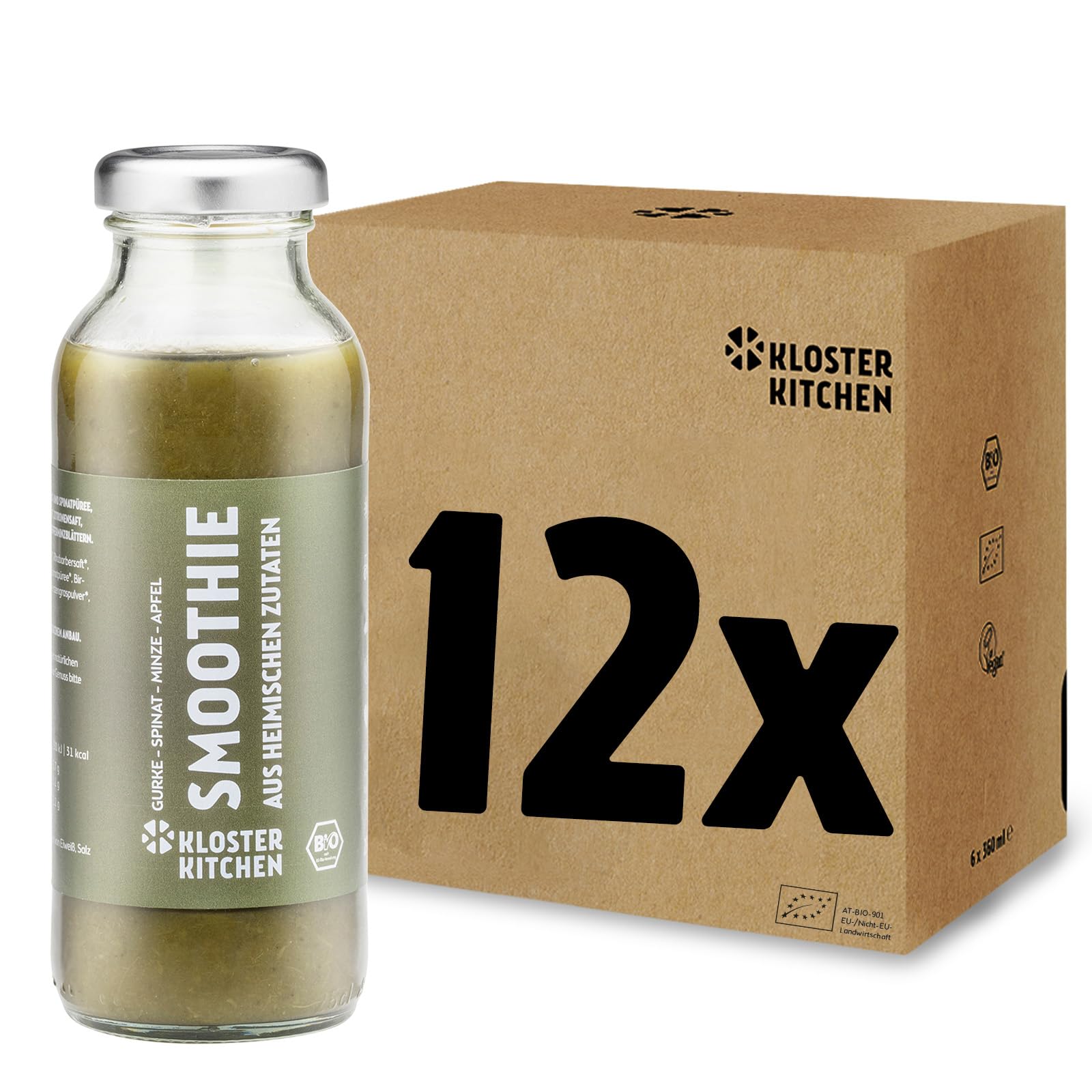 Kloster Kitchen Bio Smoothie Grün Gurke Spinat Minze Apfel 12x 250 ml I Superfood Frühstück vegan I To Go Glasflasche I Powerfood aus heimischen Zutaten