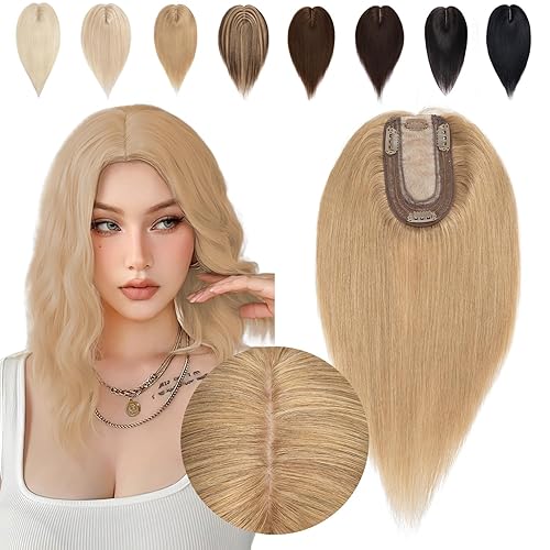 TESSHAIR Toppers de cabello humano real de 12 pulgadas para mujer, extensiones de cabello con clip de base de seda de 150 % de densidad, piezas de