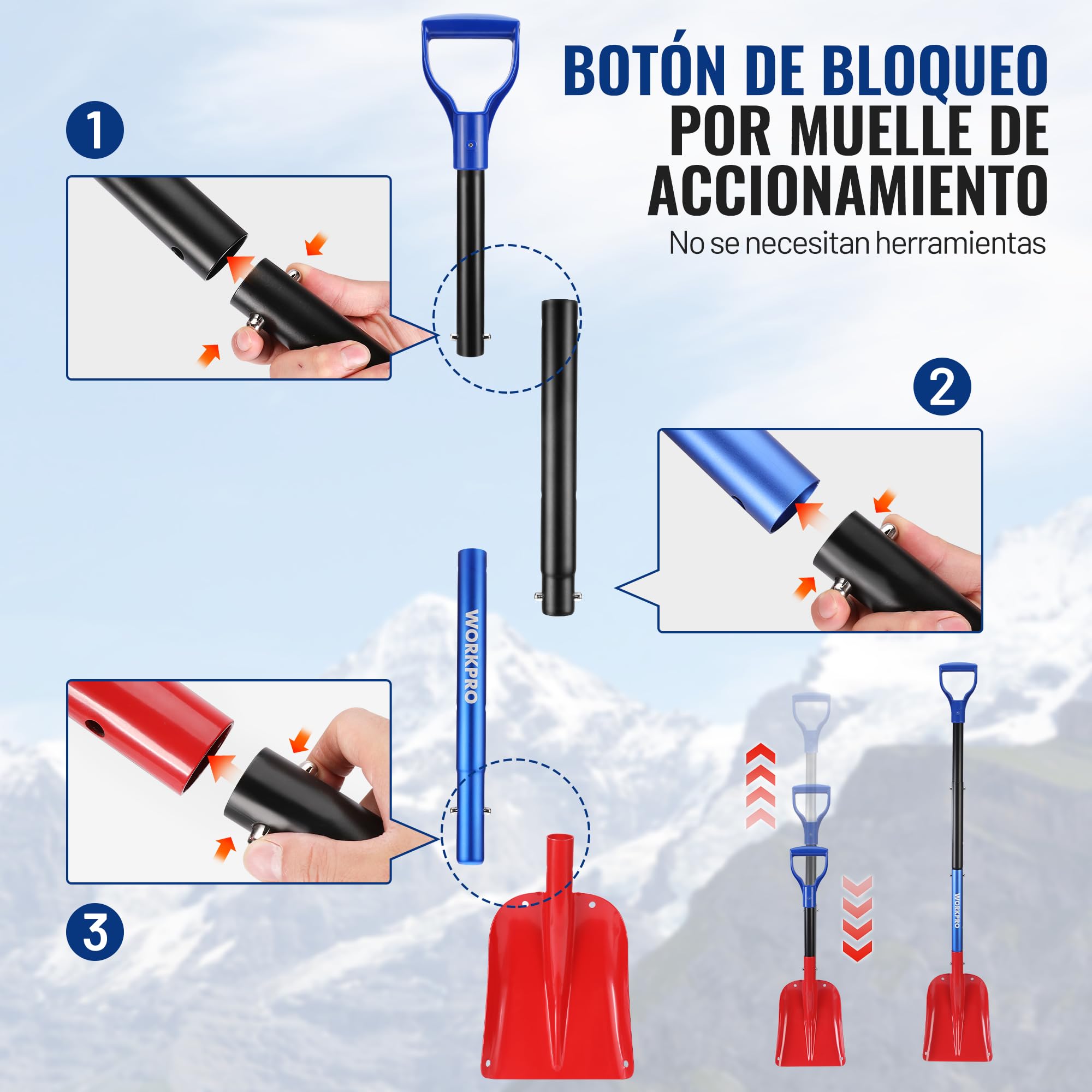 WORKPRO Pala de Nieve, Pala Quitanieves de Aluminio Extraíble, Pala para Nieve con Mango Telescópico, 65,5-120 cm, Herramienta para Quitar Nieve con Bolsa de Transporte, Adecuada para Jardín, Coche