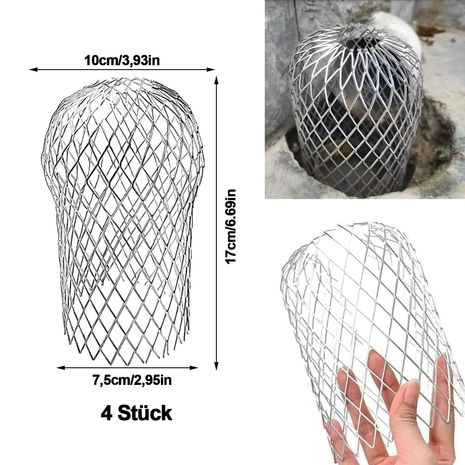 Osłona rury spustowej, ochrona rynny dachowej, 4 sztuki, sitko rynnowe, ochrona rury spustowej, wysokość 17 cm, ochrona rynny dachowej, ochrona przed liśćmi, aluminiowa ochrona przed rdzą, do rur