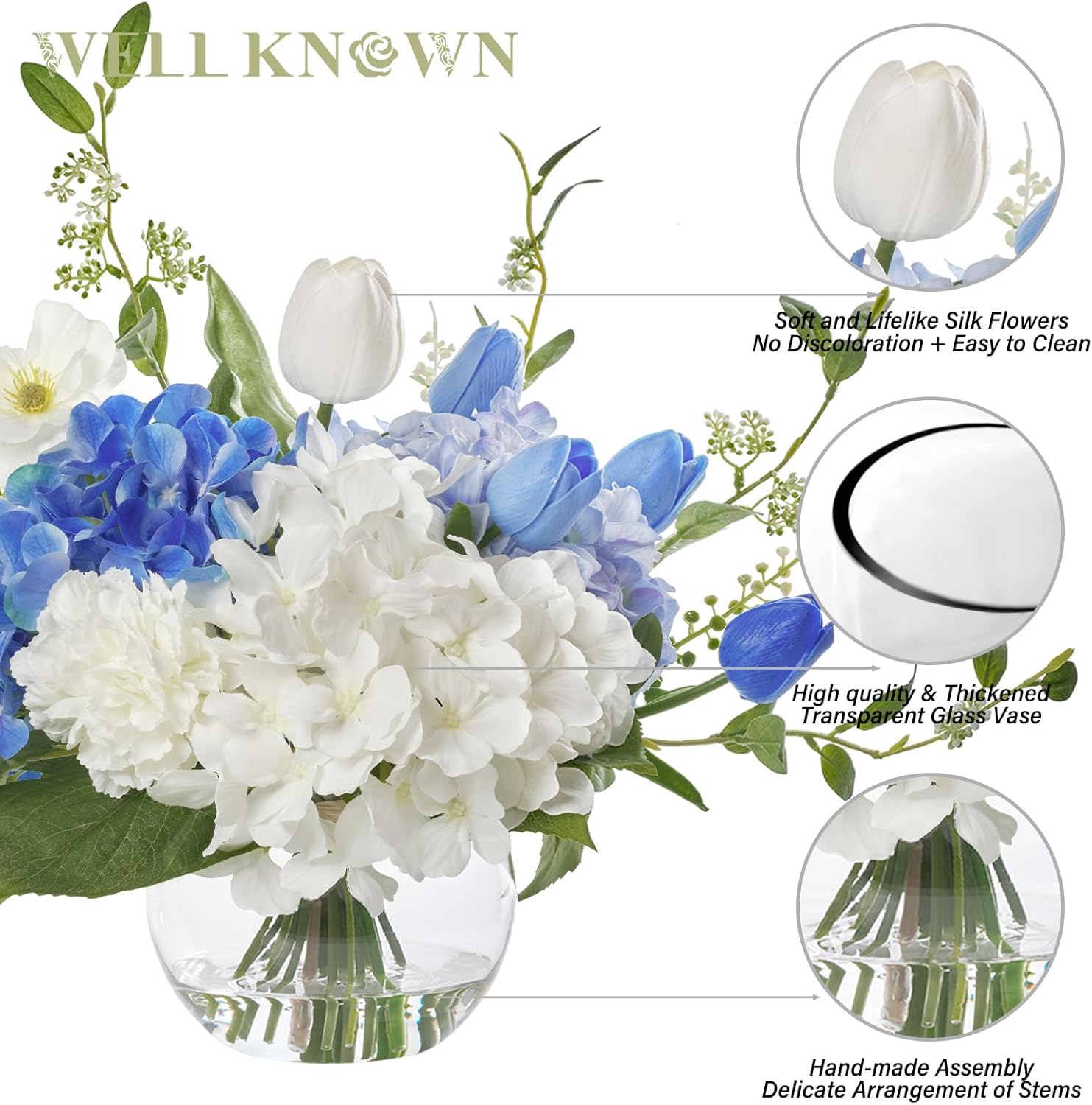 WELL KNOWN Artificial Flowers with Vase, Silk Hydrangea Bouquet and Peonies in Vase with Faux Water for Home Decor, Fake Tulips Flower Arrangements for Birthday Wedding Party Table Centerpieces (Blue)
