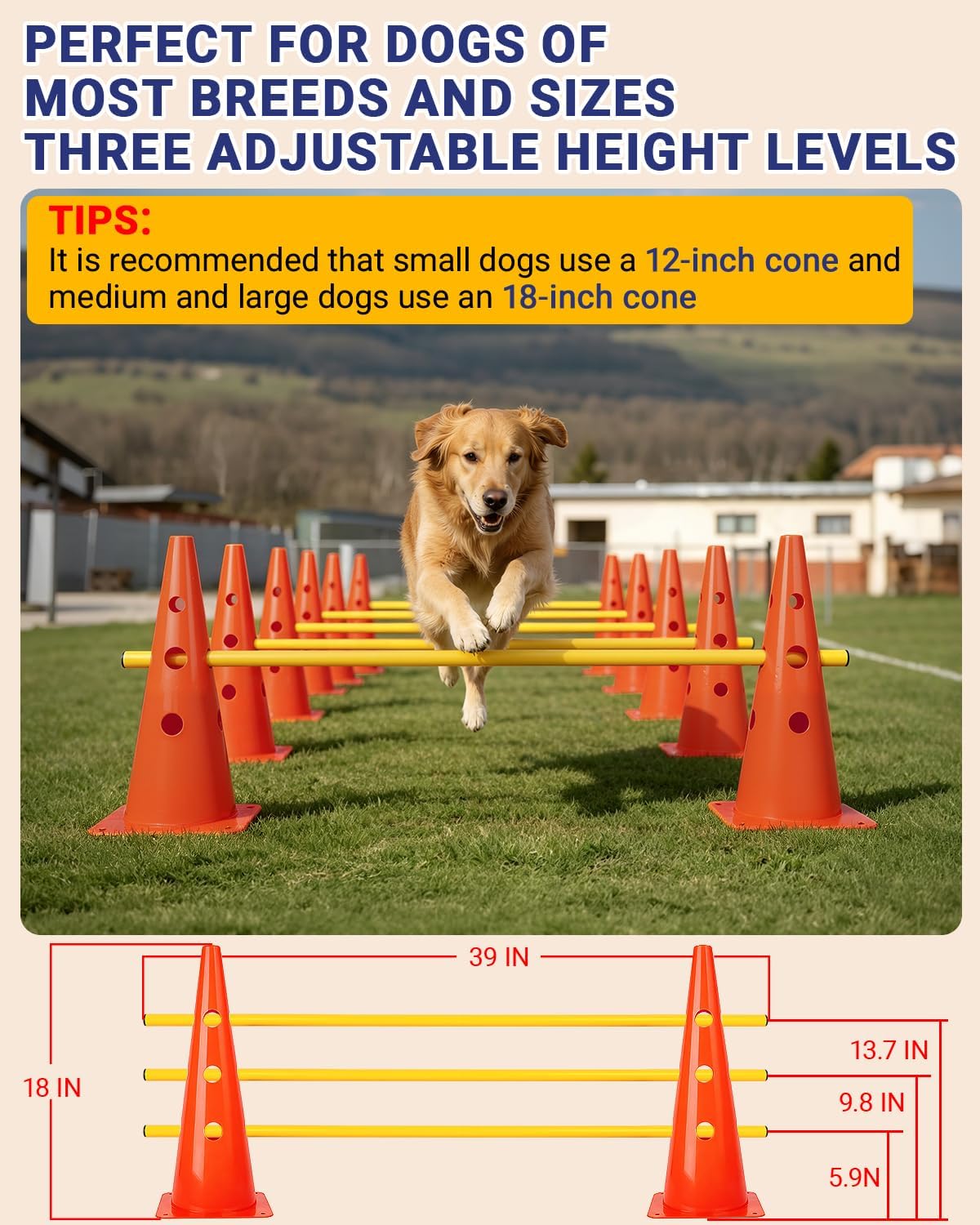 dog agility course backyard set, dog agility hurdle cone set with height adjustable crossbar for rehabilitation & beginners, dog agility equipment for dog obstacle course - 18 inch orange 18 in orange