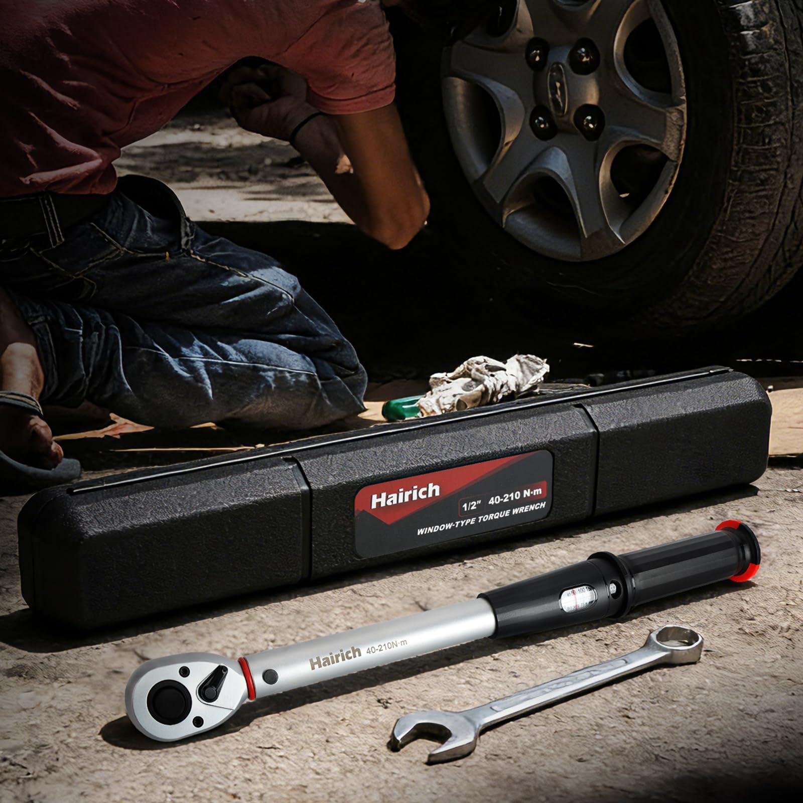 Hairich Drehmomentschlüssel Auto 1/2 Zoll, 40–210 Nm, ±3% Genauigkeit, inkl. 3 Stecknüssen (17/19/21 mm) – Präziser Torque Wrench mit Sichtfenster für Auto- & Motorrad-Reifenwechsel