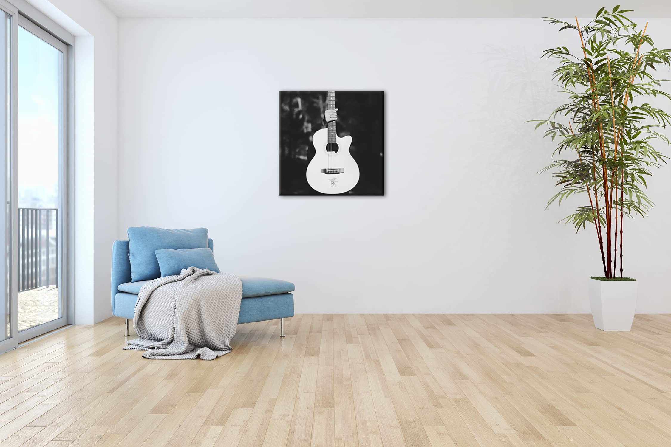 deyoli Chitarra acustica bianca Formato: 70 x 70 cm Effetto: bianco e nero su tela, motivo già incorniciato su telaio in vero legno, stampa digitale di alta qualità con cornice