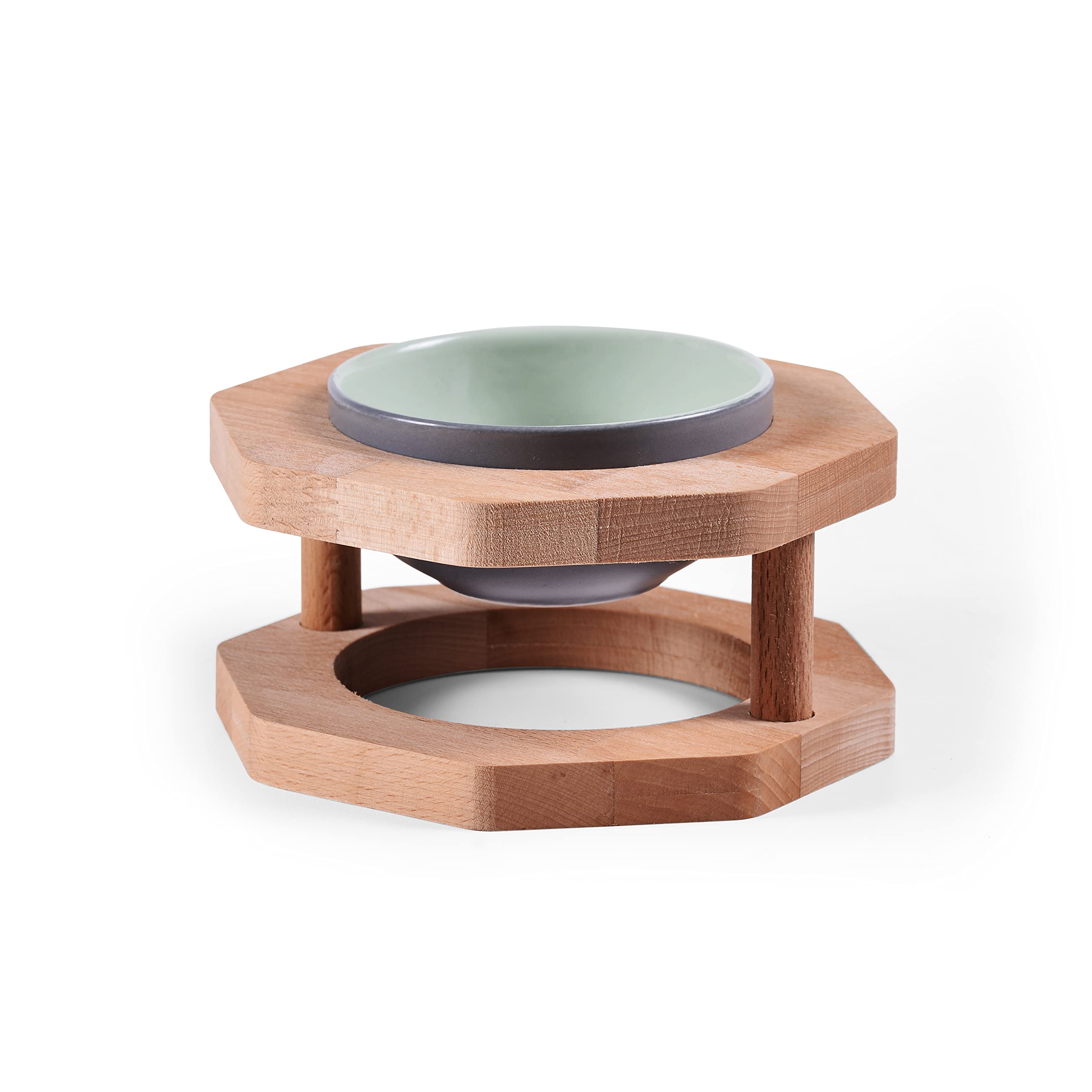 Lot de 2 gamelles en céramique avec support en bois pour chien et chat - Sans déversement - Pour nourriture et eau - Pour chats et petits chiens - Table à manger - Style clôture - Double gamelle