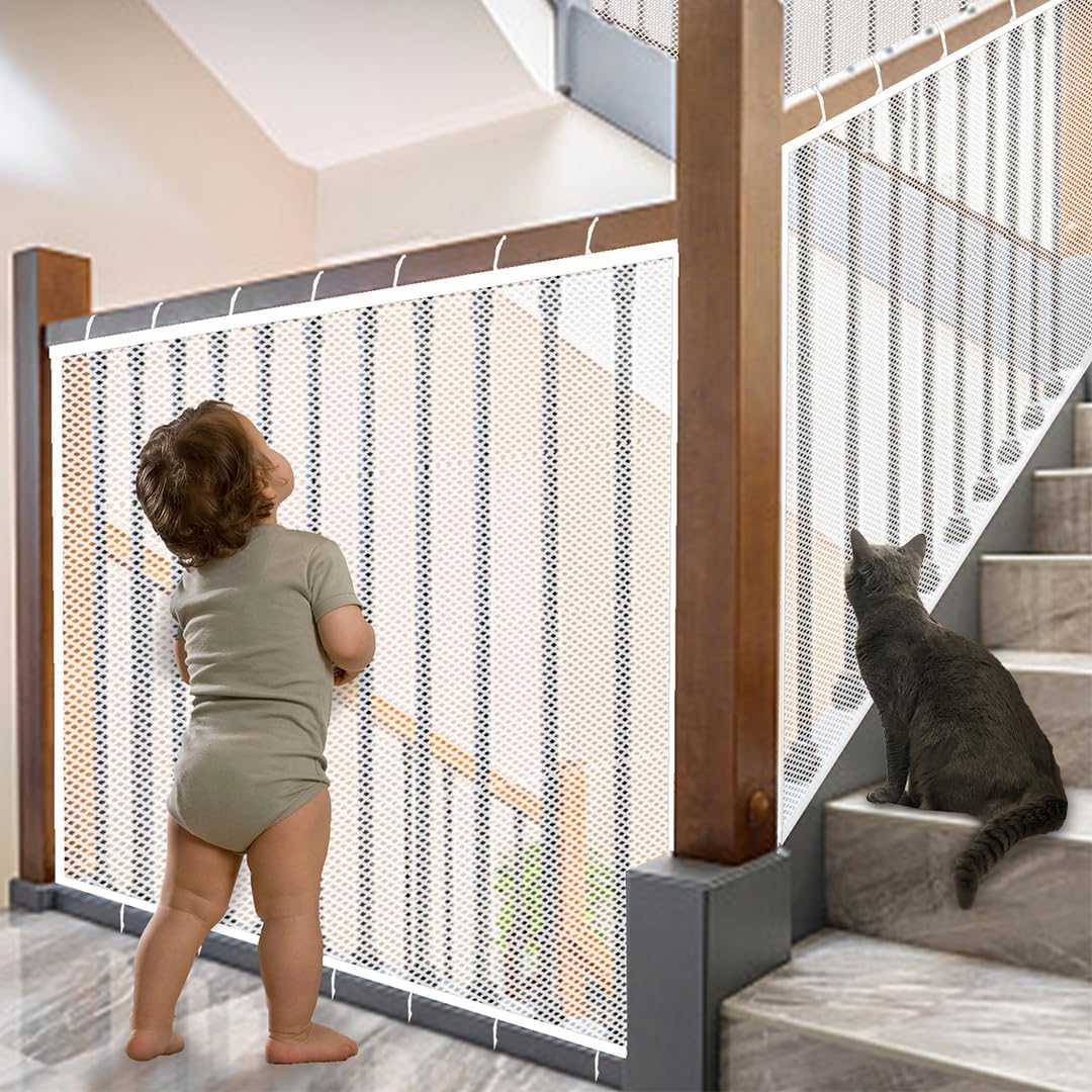 JIFTOK Baby Gate for Stairs, Banister Guard for Kids, Pets, Toys, 59ft L x 2.66 ft H, Mesh Netting Safety Net for Balcony Rail Stair, Stairway Net Baby Safety Products for Indoor & Outdoor (White)