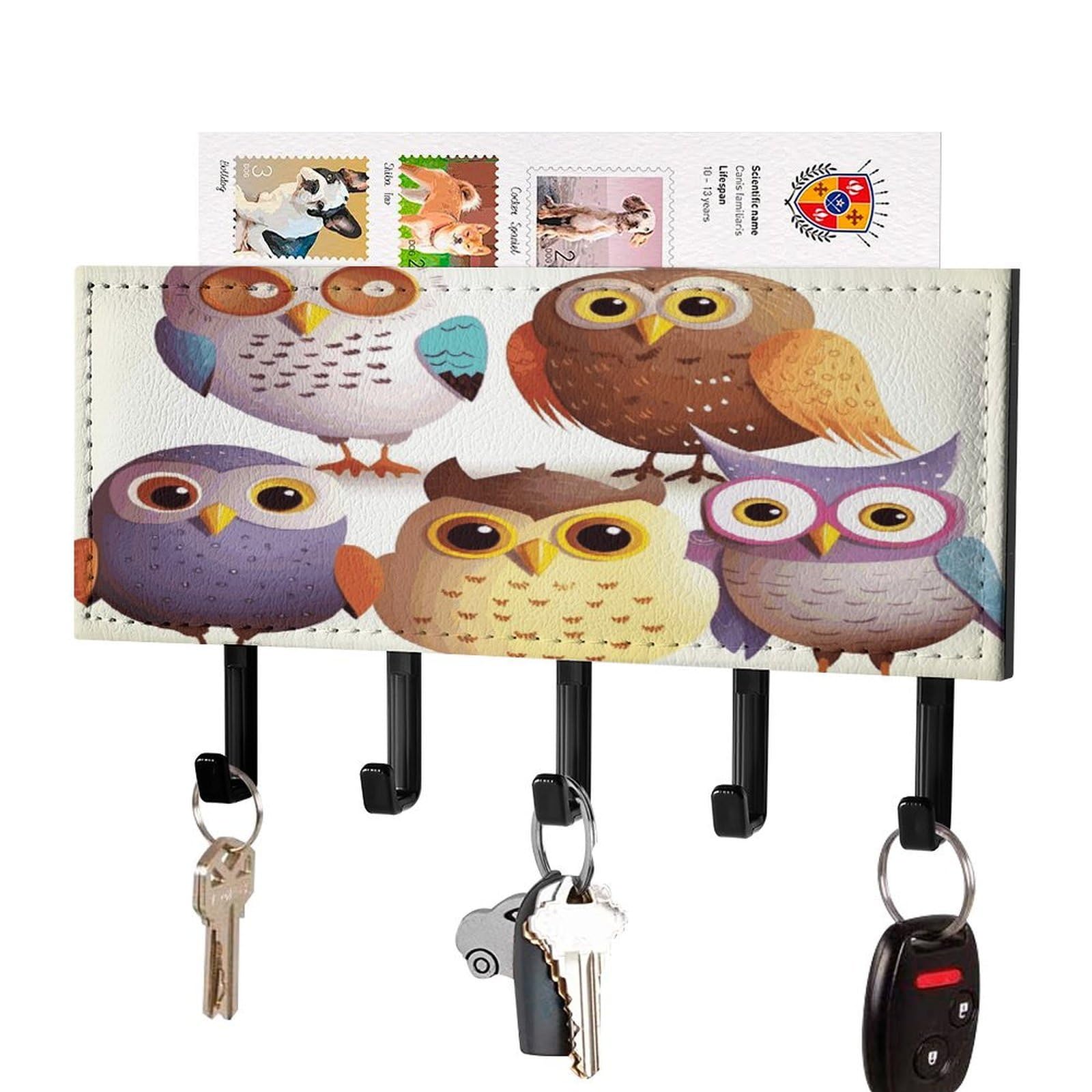 FekiLoot Owls Birds Key Holder for Wall Decorative Mail Organizer with 5 Key Hook Self Adhesive Key Rack with Tray Coat Rack Wall Mount Key Hanger Decor for Entryway Door