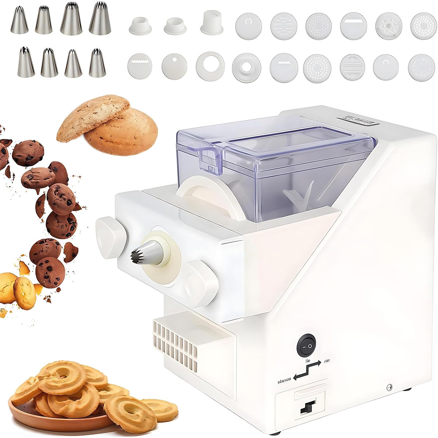 ZMJGLL Electric Cookie Press,Automatic Biscuit Maker w/50-60RPM Speed, 180W Power, 8 Nozzles&6 Cookie Shapes for Easy Baking