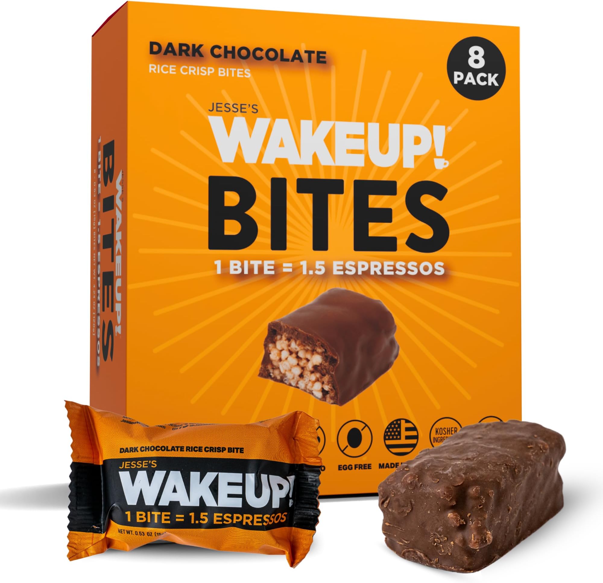 WAKEUP! Caffeinated Rice Crisp Energy Bites, Dark Chocolate, 8 Pack | 175mg Caffeine Per Bar = 1.5 Espressos | Vegan, Gluten-Free, Kosher | Coffee Alternative for Focus, Study, Gym & Work