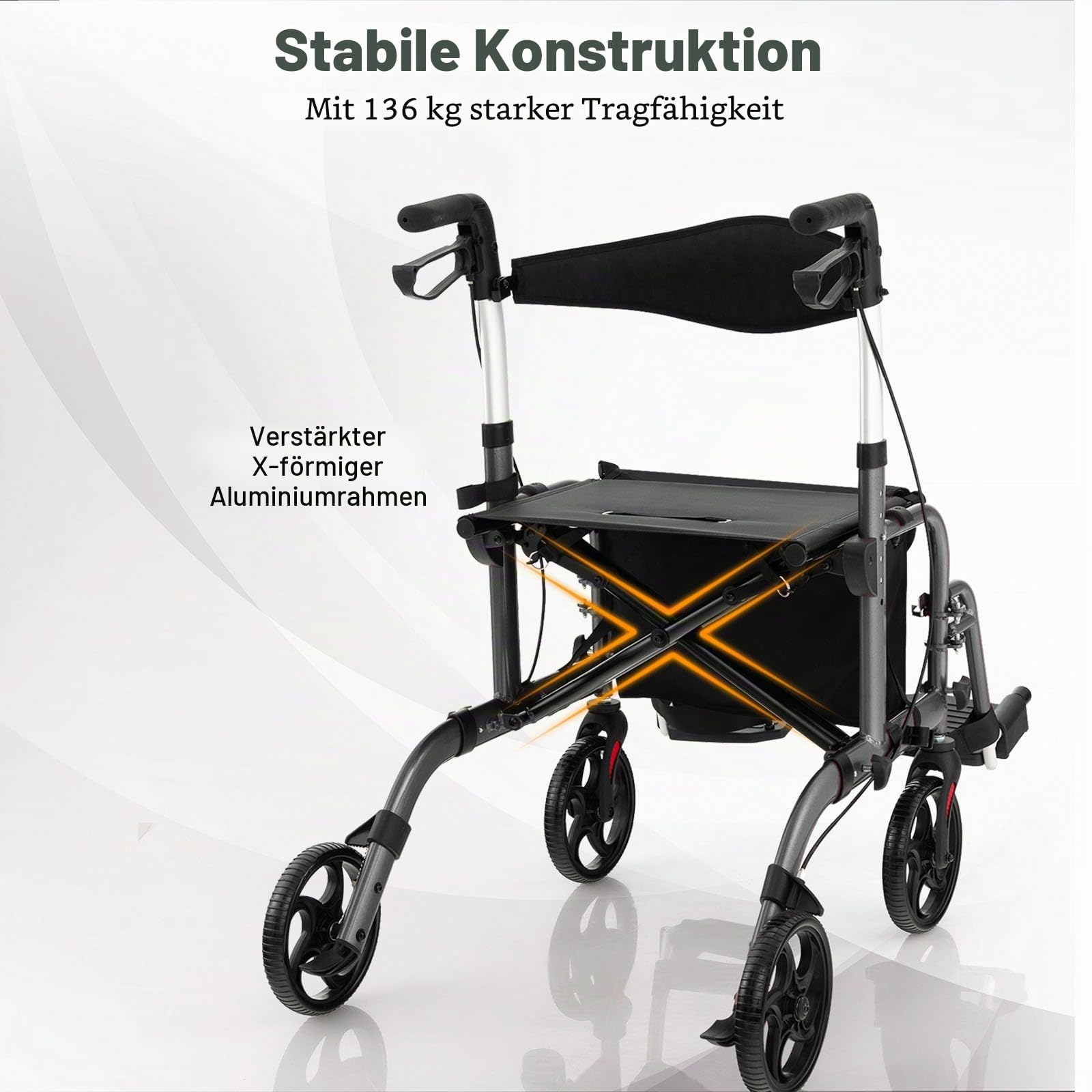 HOMASIS 2 in 1 Rollstuhl Rollator faltbar & leicht mit Sitz, Gehhilfe 6-fach höhenverstellbar, Alu Gehwagen mit Fußstützen, bis 136 kg, Reiserollator Laufhilfe mit Stockhalter & Tasche (Schwarz)