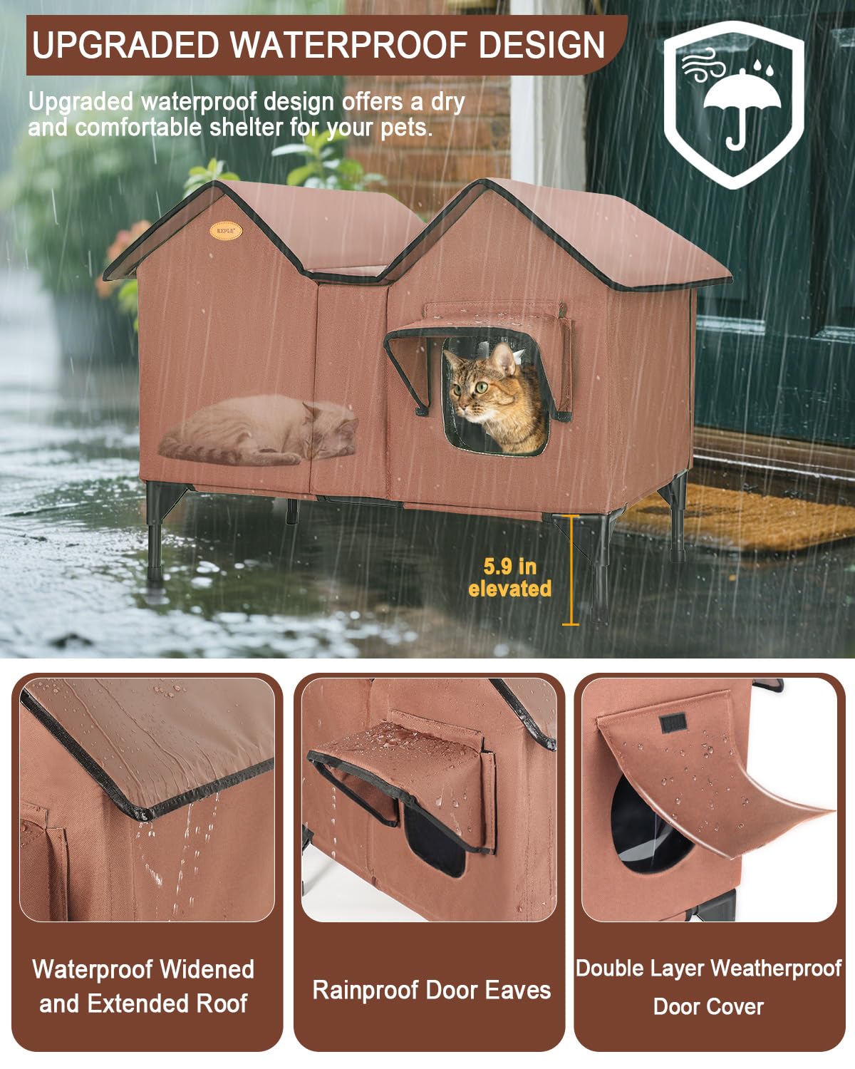 Niche chauffante pour chats d'extérieur en hiver, très grande maison chauffante d'extérieur résistante aux intempéries avec base surélevée et porte d'évasion, abri imperméable pour chats sauvages
